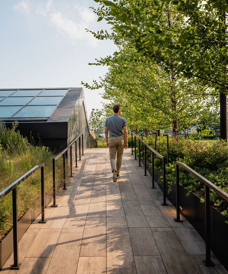 man walking on a rooftop garden