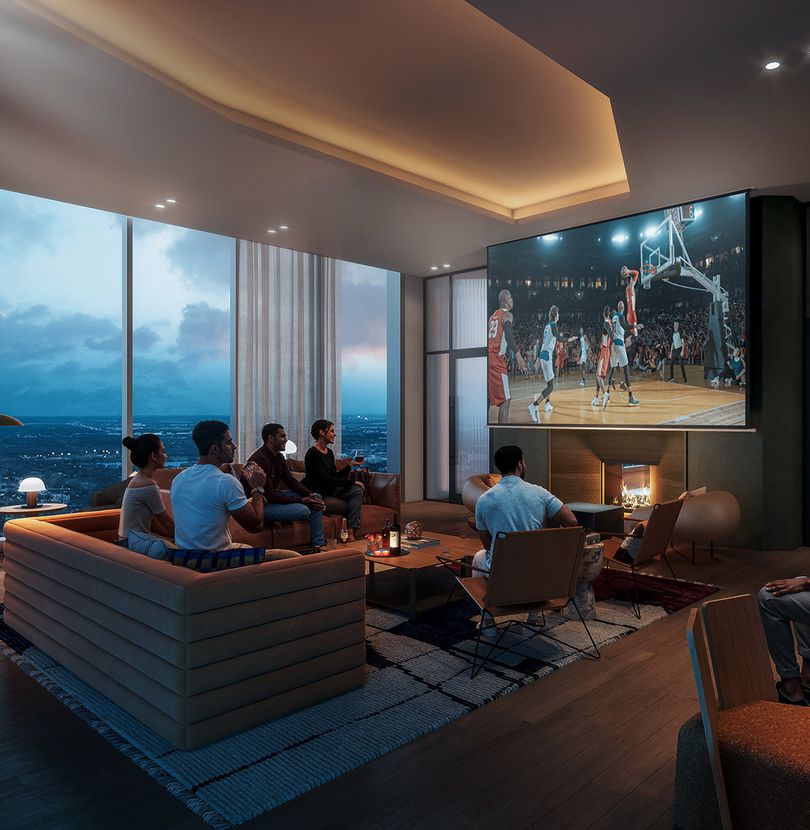 Relaxing with friends in the theatre room in ATX Tower