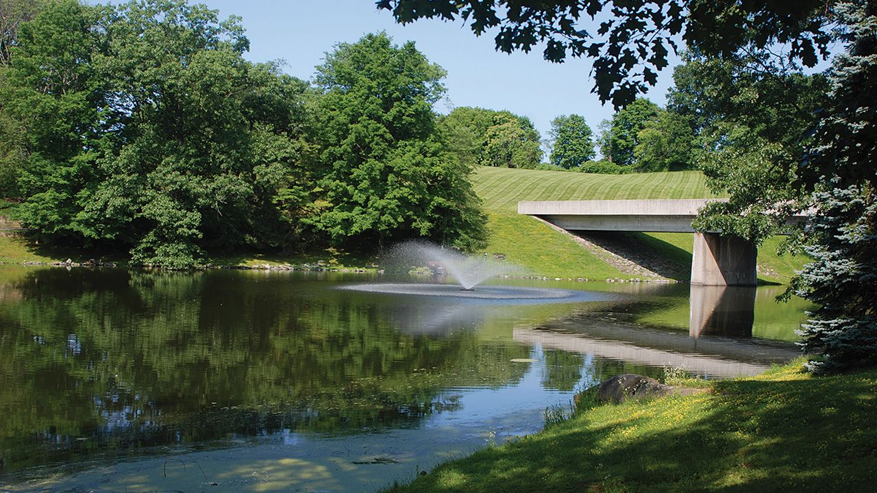 A serene park scene features a large body of water with a concrete bridge, a fountain, and lush greenery, all under a clear blue sky.