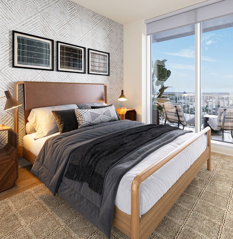 Bedroom with a balcony and a view