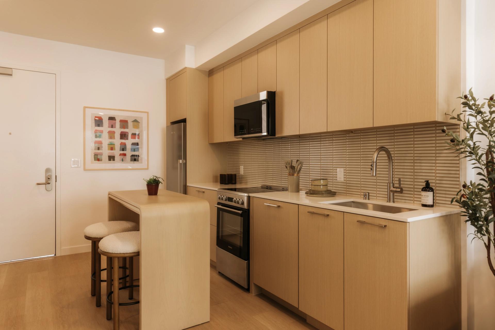 Kitchens with white oak cabinetry, mosaic tile backsplash, and stainless appliances