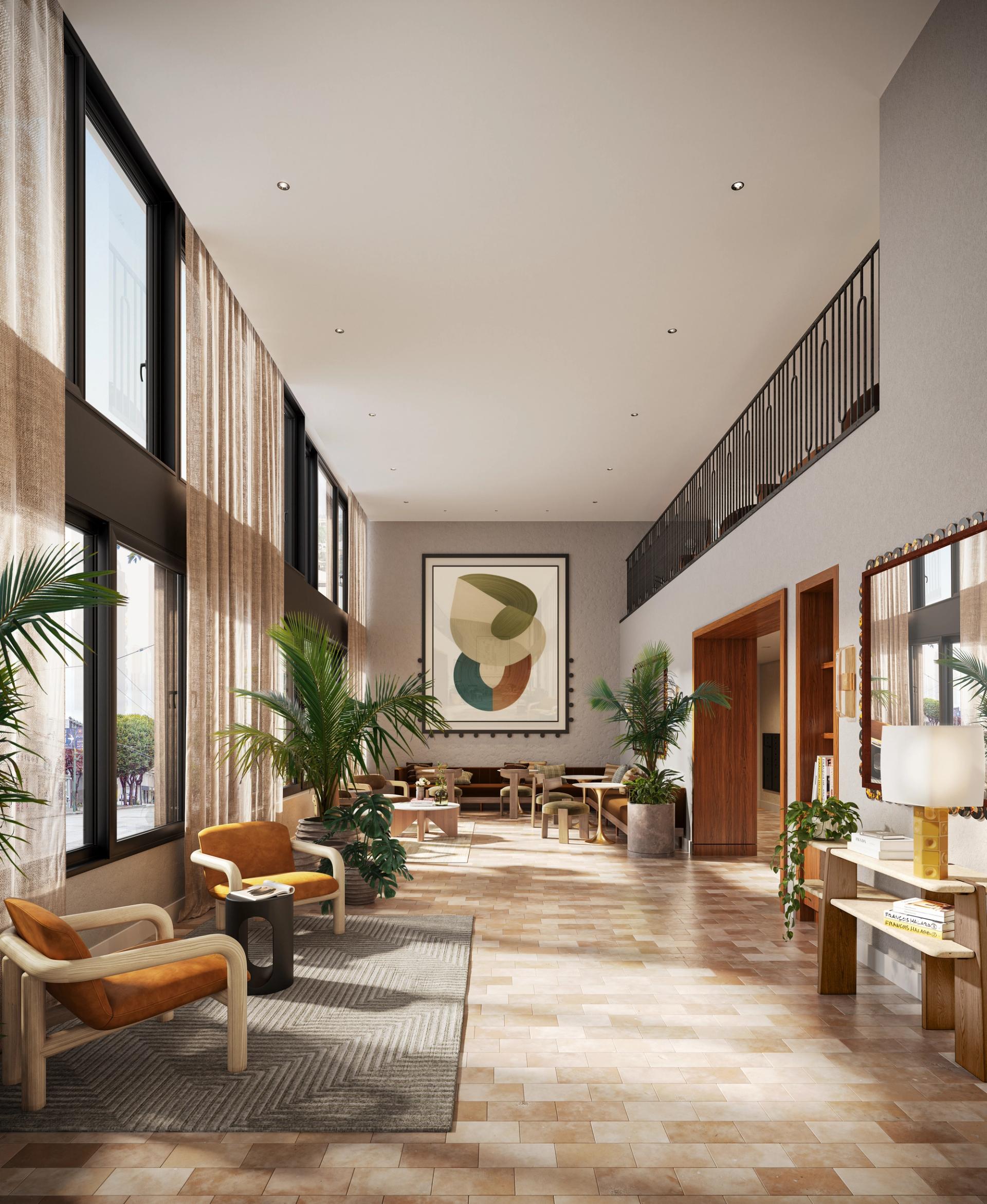 The double-height lobby lounge at 1430 Lincoln is a showstopper