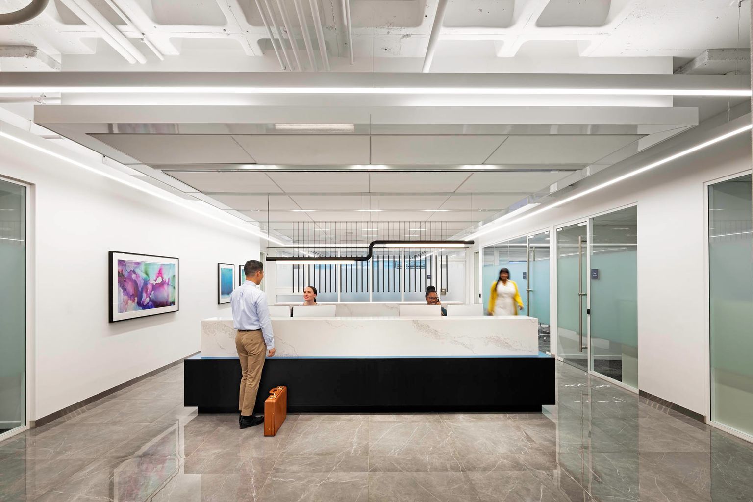 the reception area at the ElevatedNY office space in Midtown Manhattan, New York City. 