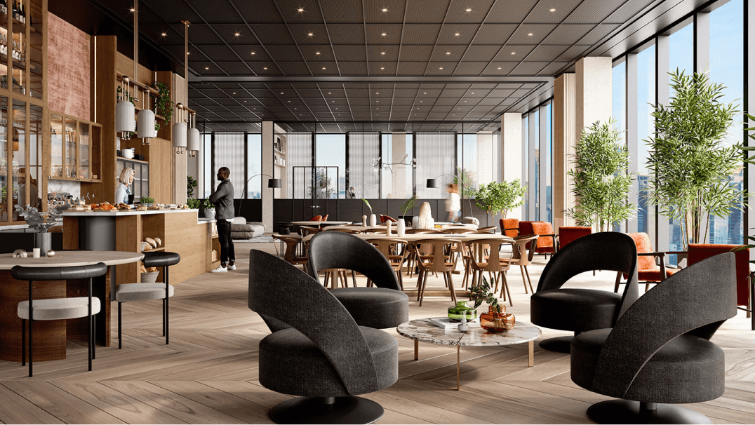 A rendering of a cafe space with tall windows and chair seating