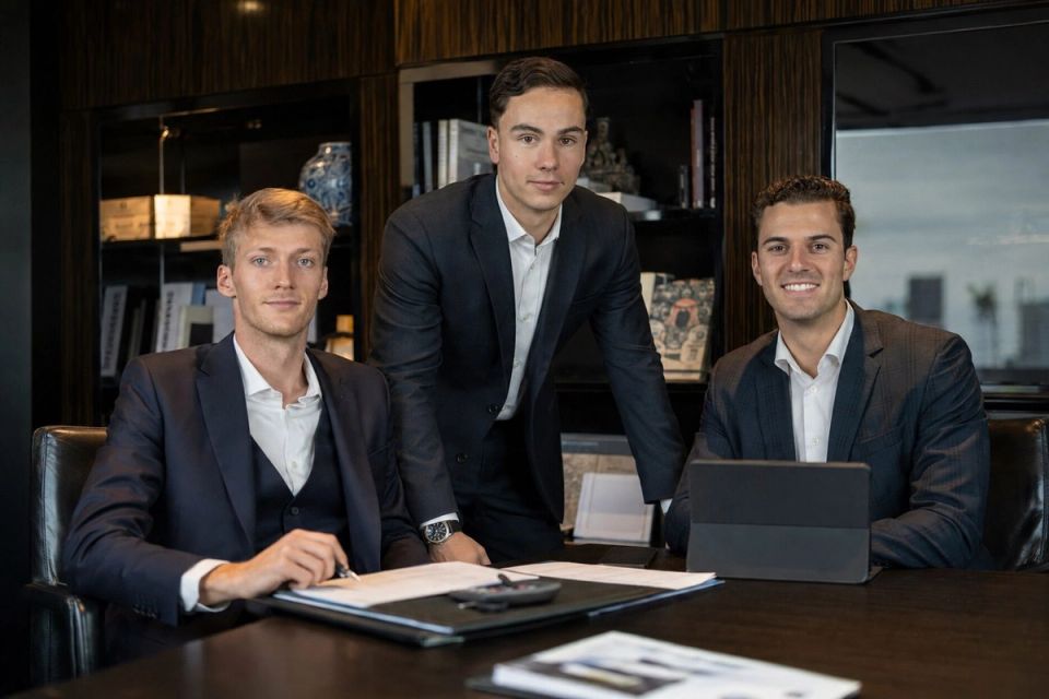 Les trois associés d'AUREA WM autour d'une table de réunion du cabinet