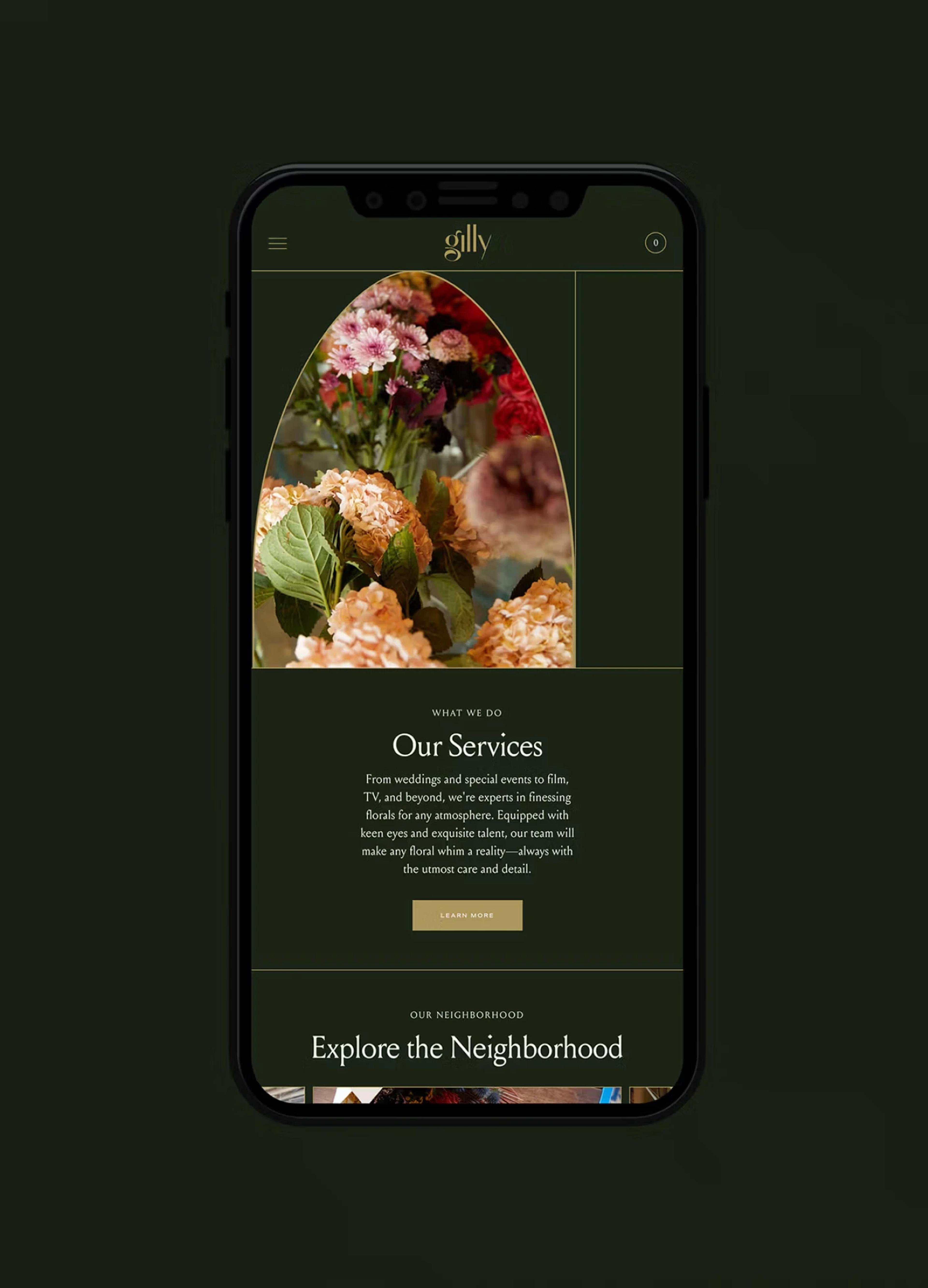 A smartphone displays a floral design website, highlighting services and inviting users to explore the neighborhood.
