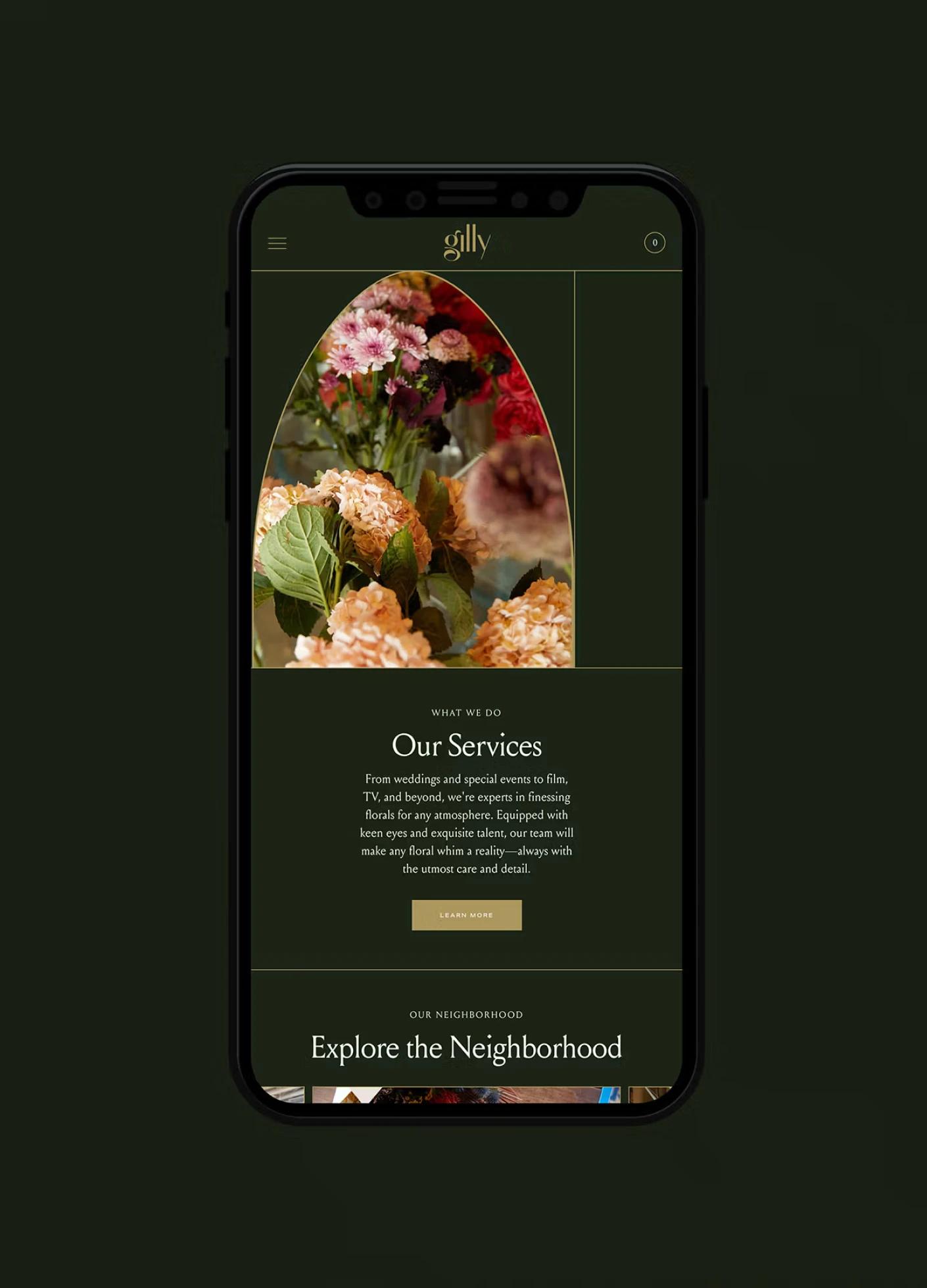 A smartphone displays a floral design website, highlighting services and inviting users to explore the neighborhood.