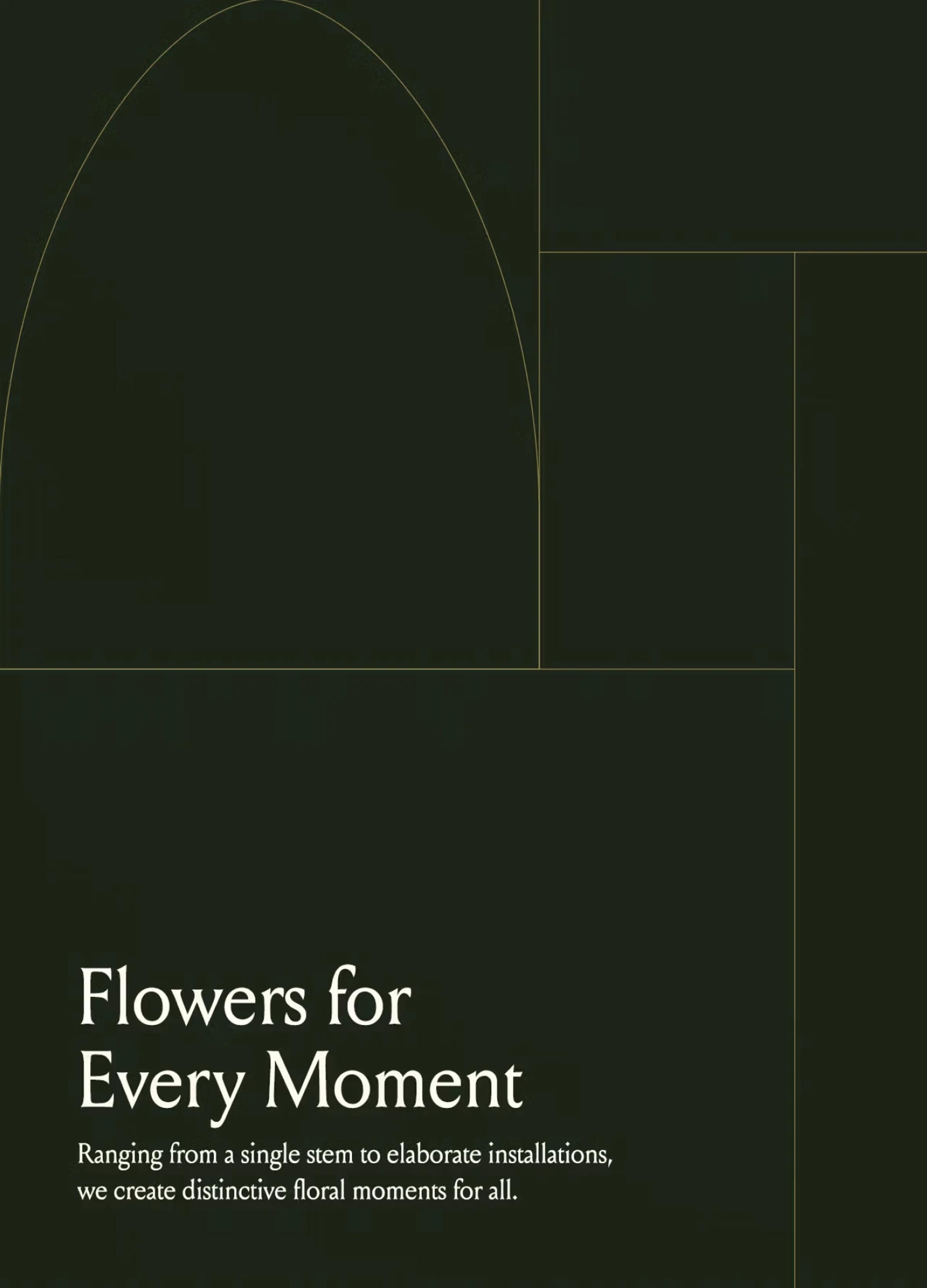 Dark background with text promoting floral arrangements for all occasions, highlighting creativity and variety in design.