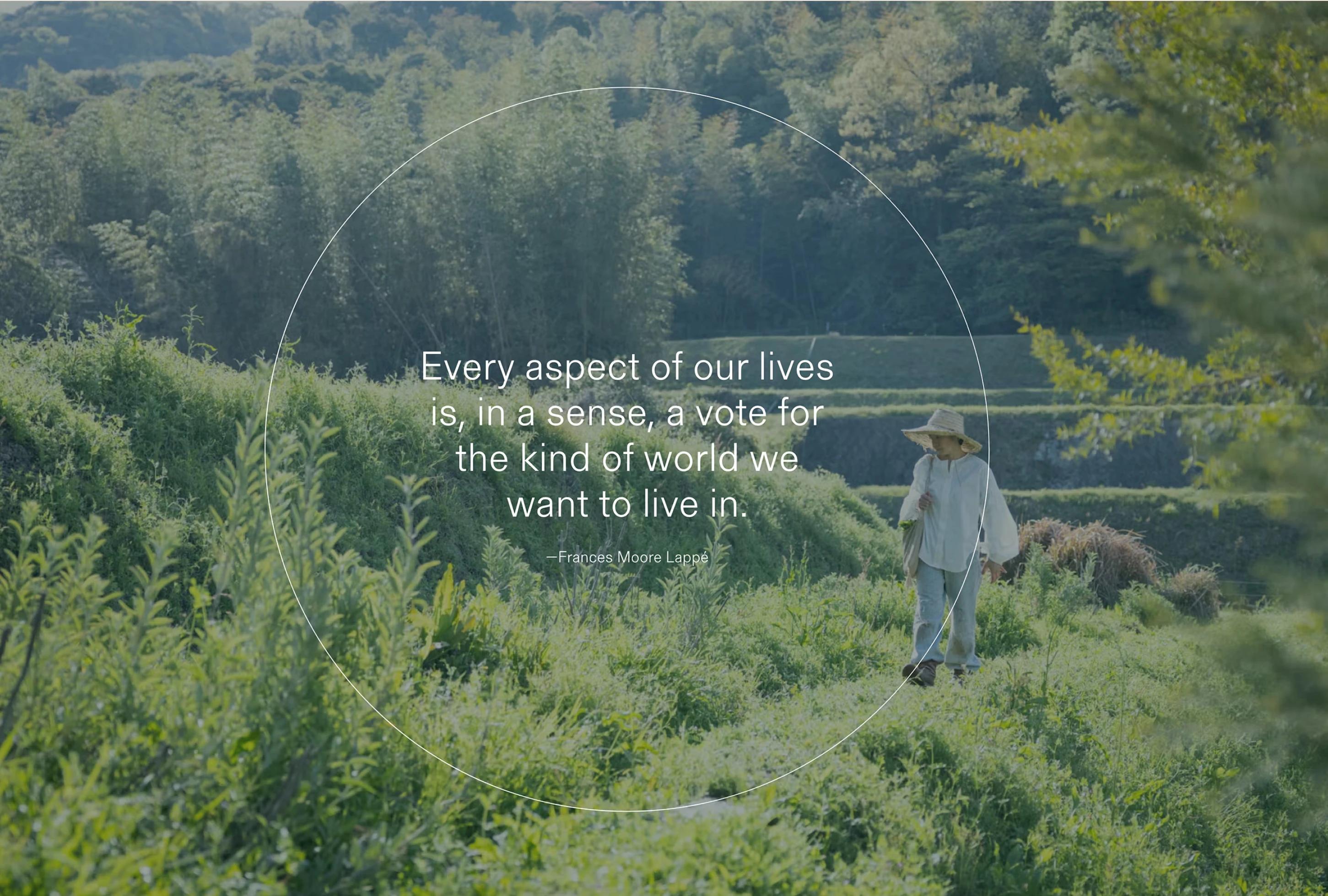 A person in a wide-brimmed straw hat walks through lush greenery with a quote about life choices overlaying the scene.