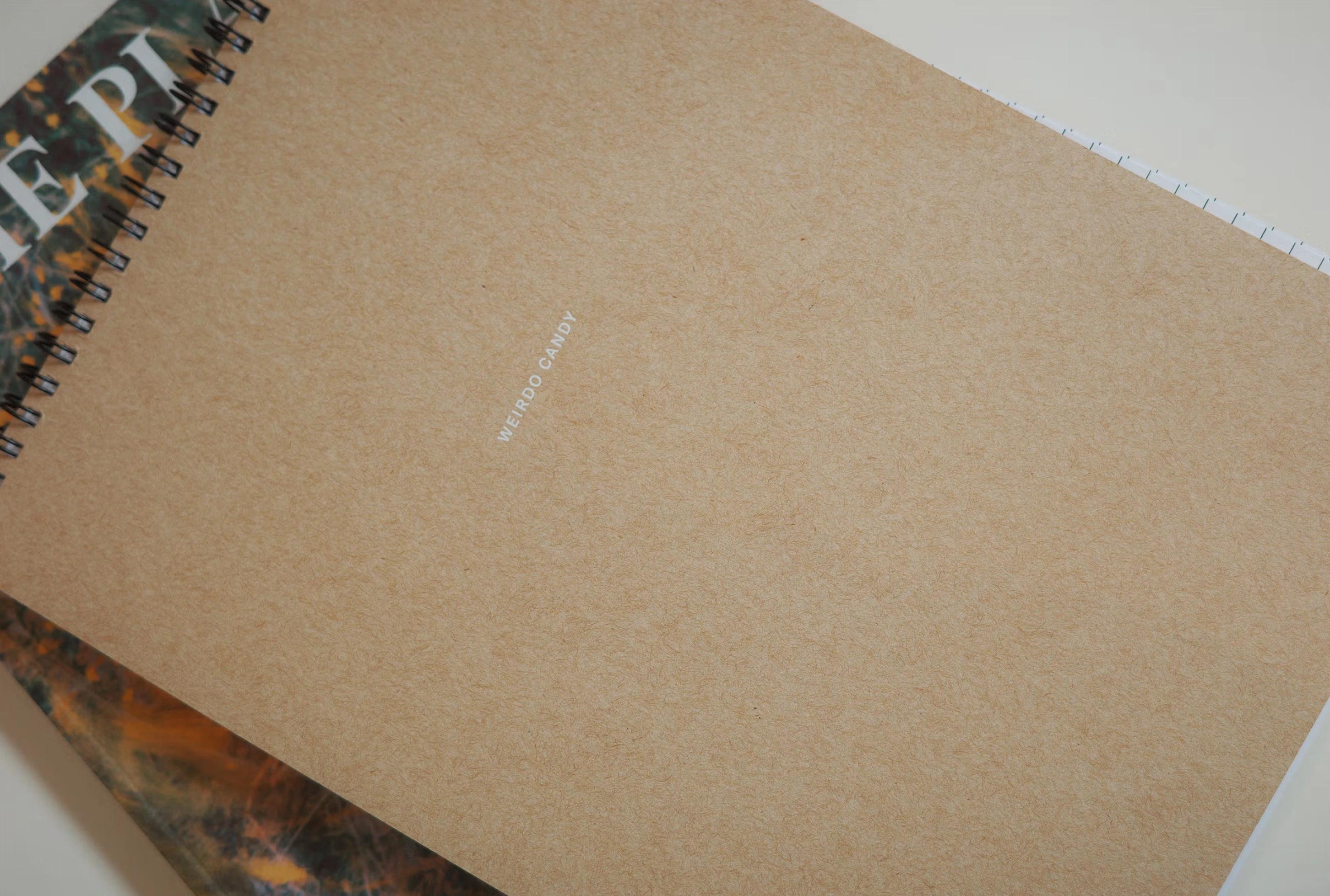 A brown spiral notebook labeled "WEIRDO CANDY," partially resting on another artistic notebook with colorful cover design.