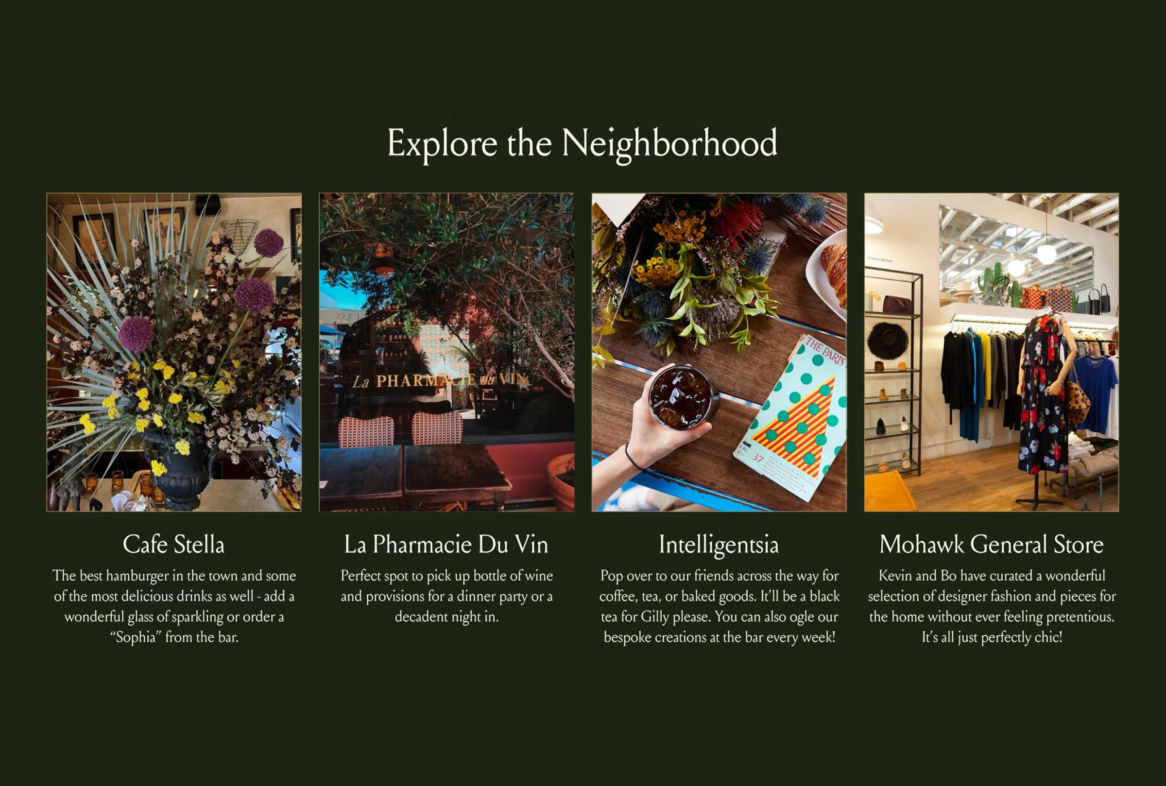 Four sections feature local spots: Café Stella with flowers, La Pharmacie du Vin's entrance, Intelligentsia's coffee, and ...
