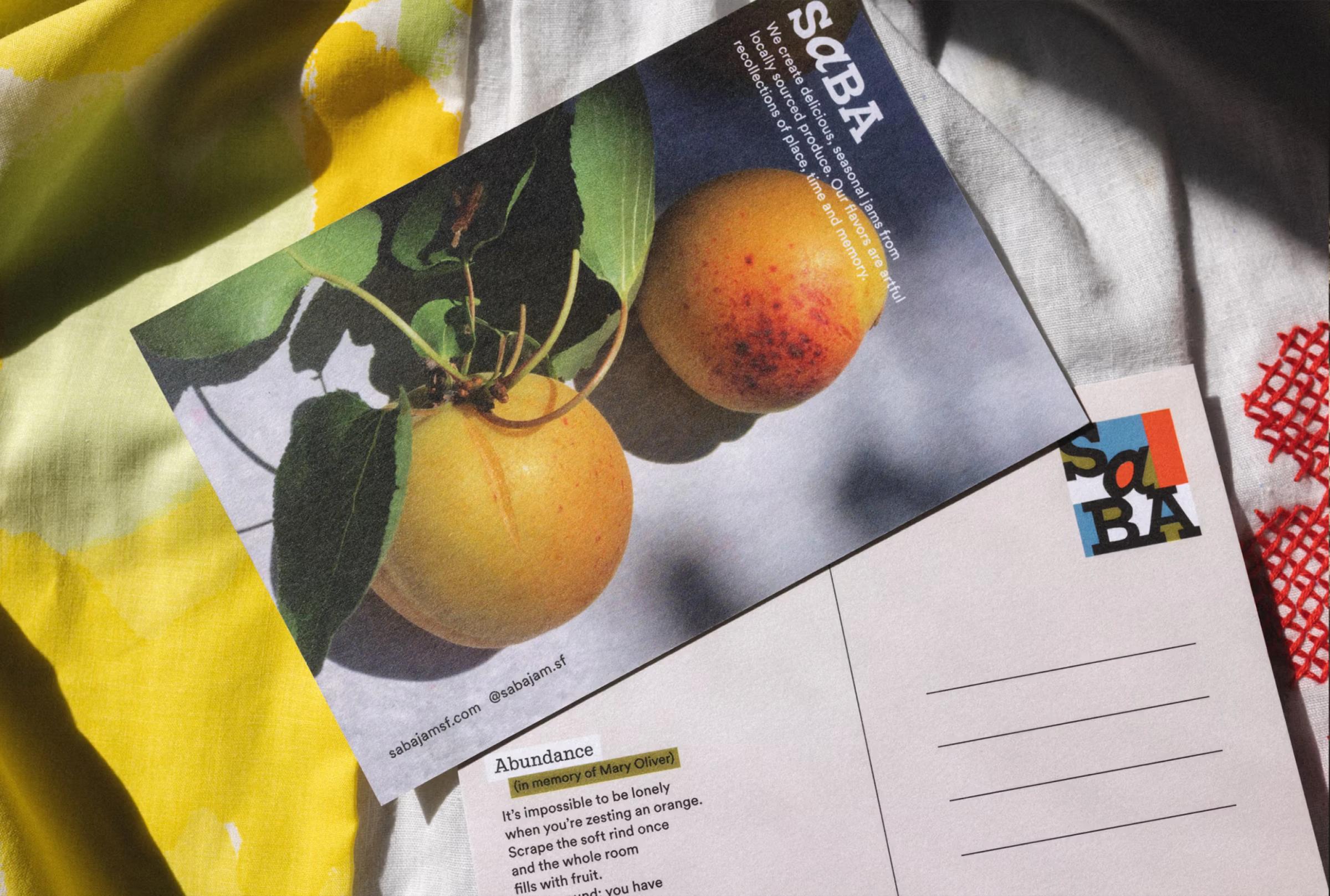 A postcard featuring two ripe apricots beside a poem titled "Abundance" on a colorful fabric background.