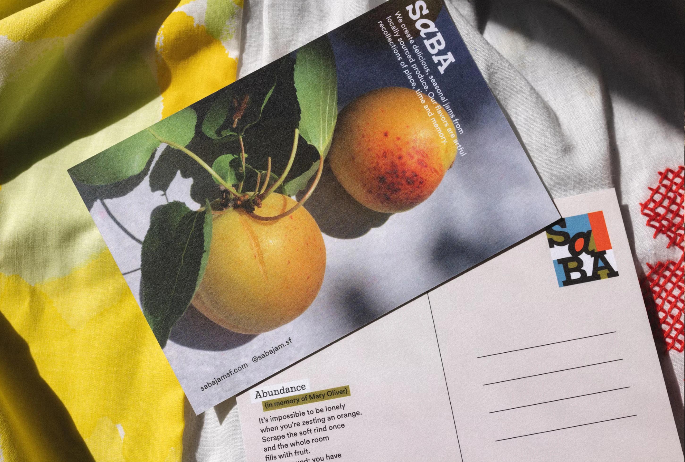 A postcard featuring two ripe apricots beside a poem titled "Abundance" on a colorful fabric background.