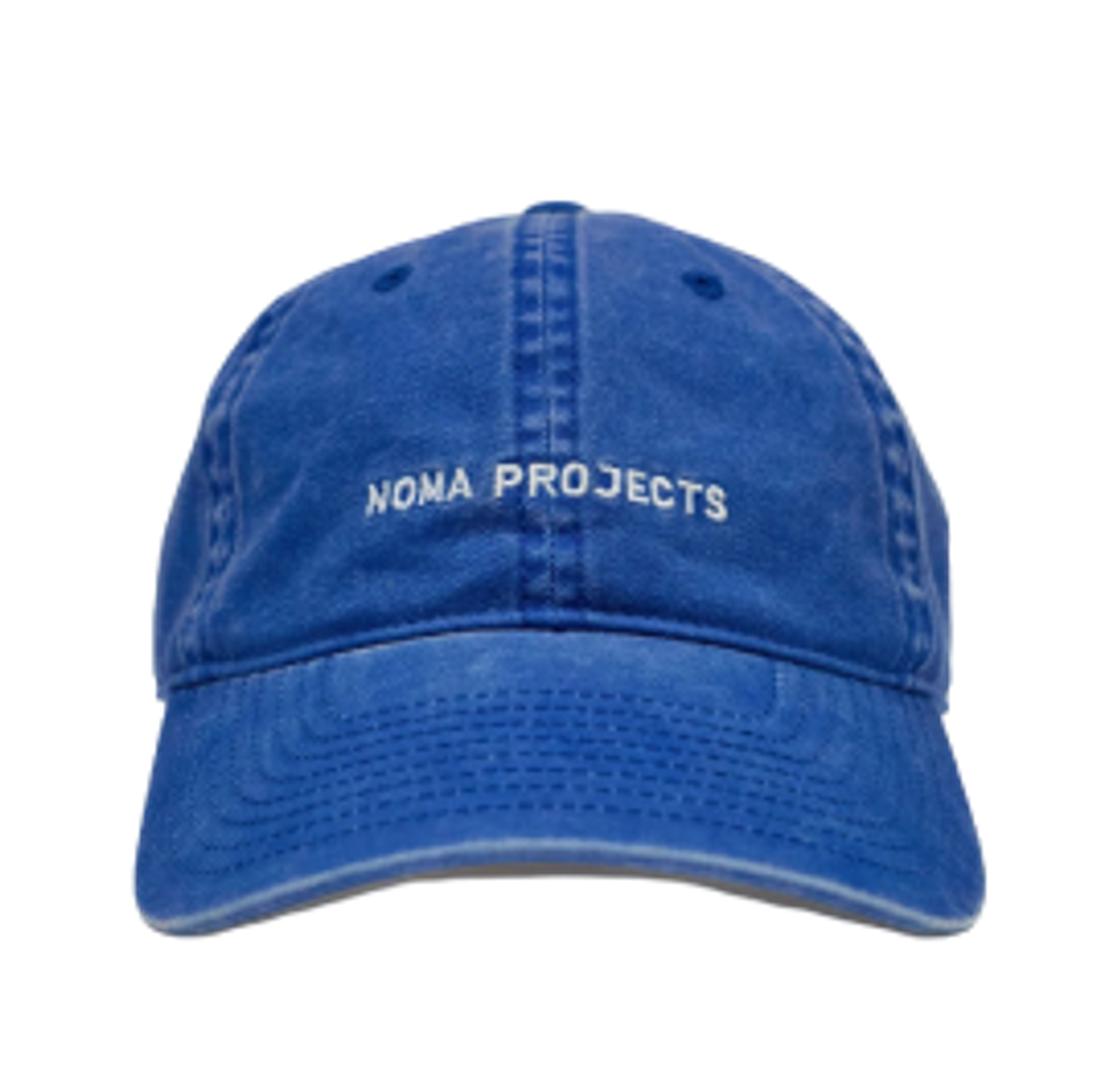 A blue cap featuring the text "NOMA PROJECTS" embroidered in white on the front.