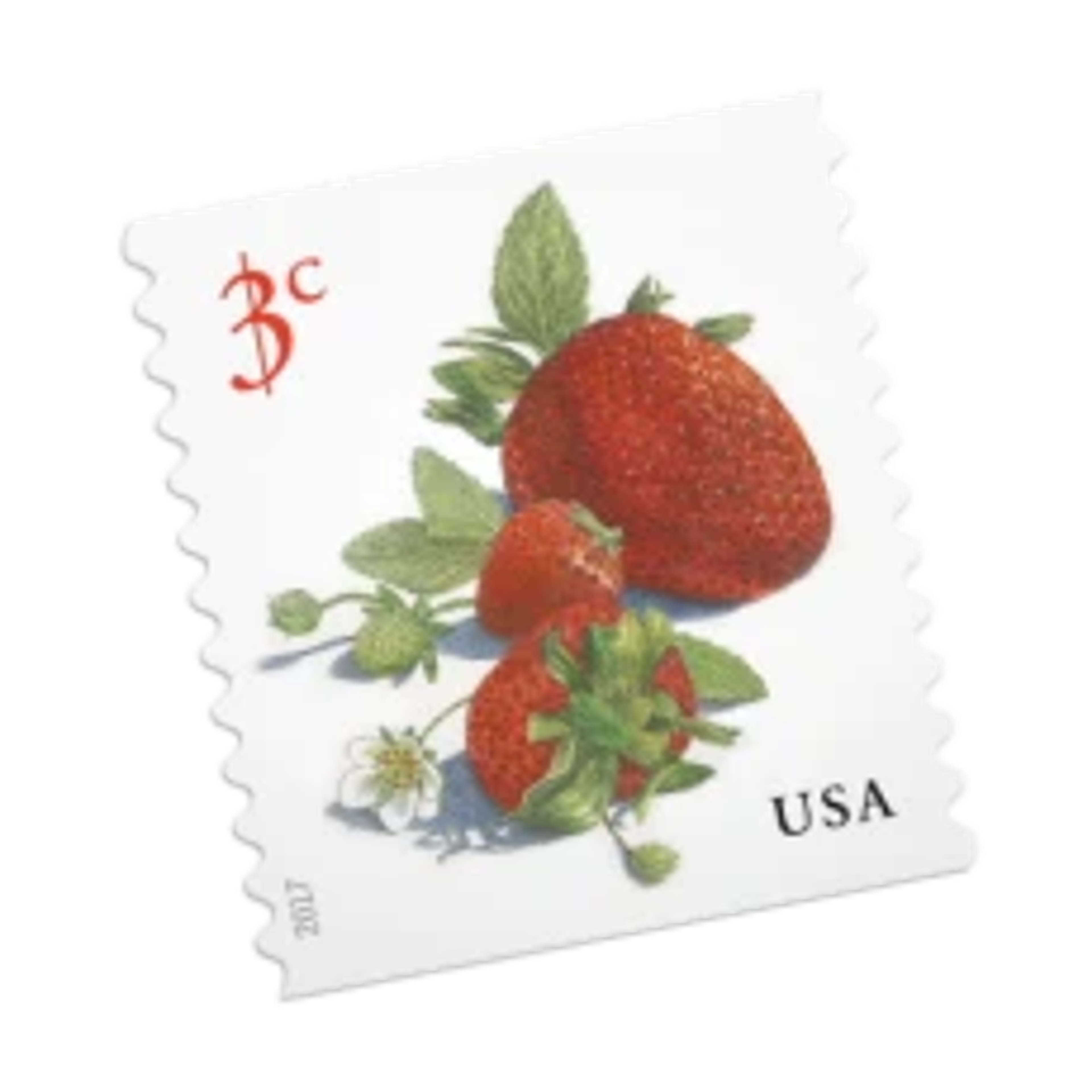 A 3-cent stamp featuring vibrant red strawberries and leafy green stems, labeled "USA."