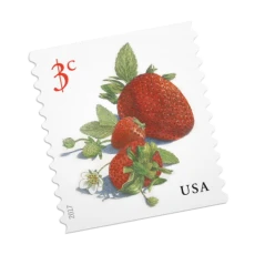 A 3-cent stamp featuring vibrant red strawberries and leafy green stems, labeled "USA."