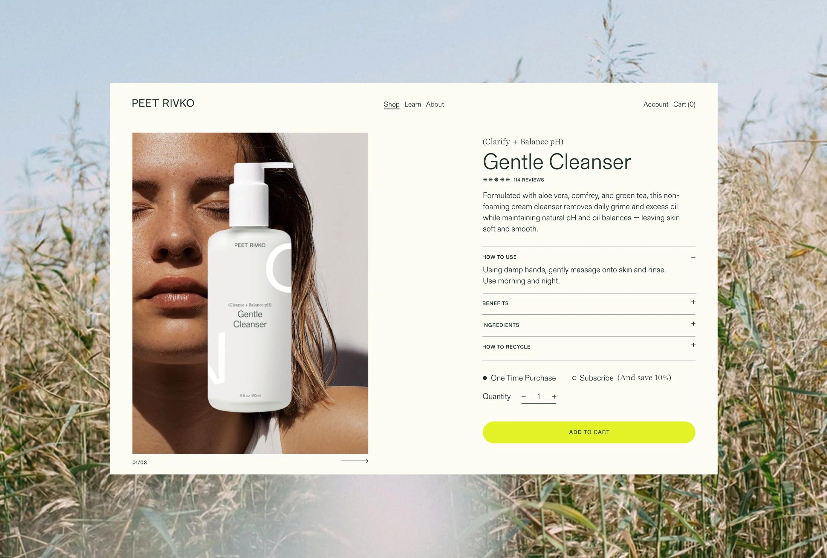 A model's face is shown beside a product image of Peet Rivko's Gentle Cleanser, offering skincare details and purchase opt...
