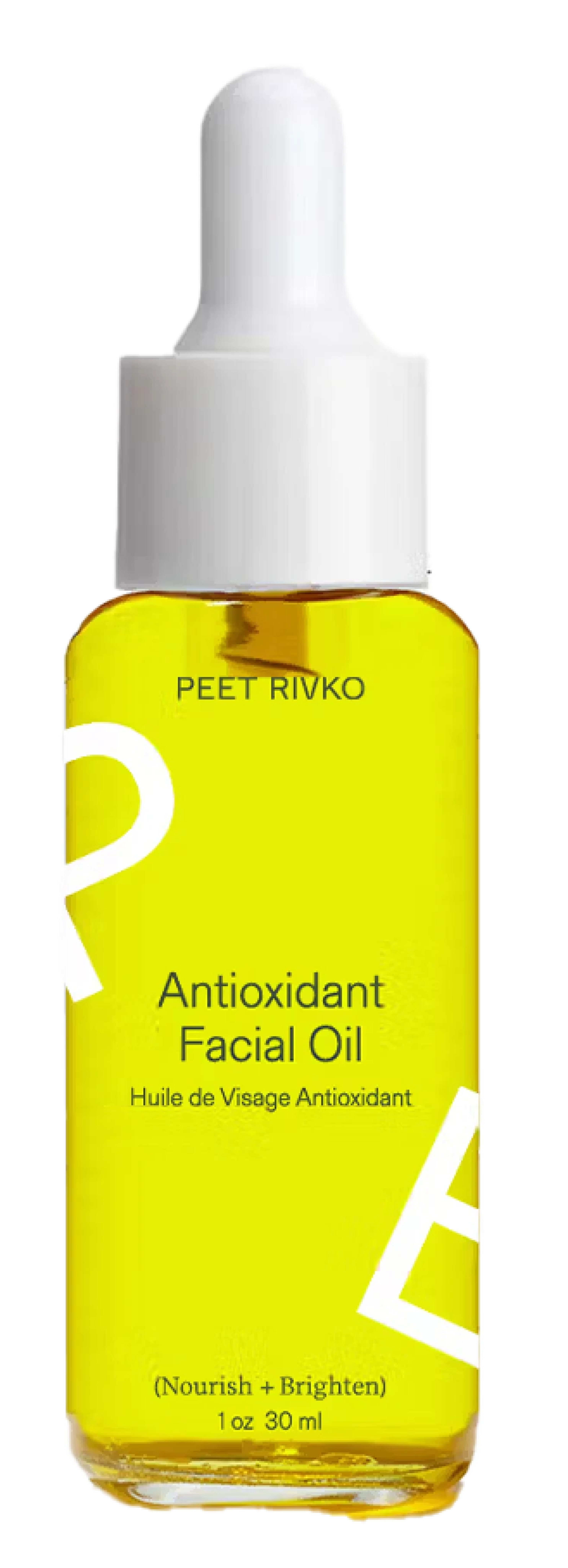 Bright yellow facial oil bottle with a dropper, labeled "Antioxidant Facial Oil" and "Peet Rivko."