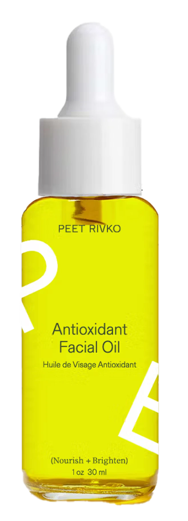 Bright yellow facial oil bottle with a dropper, labeled "Antioxidant Facial Oil" and "Peet Rivko."