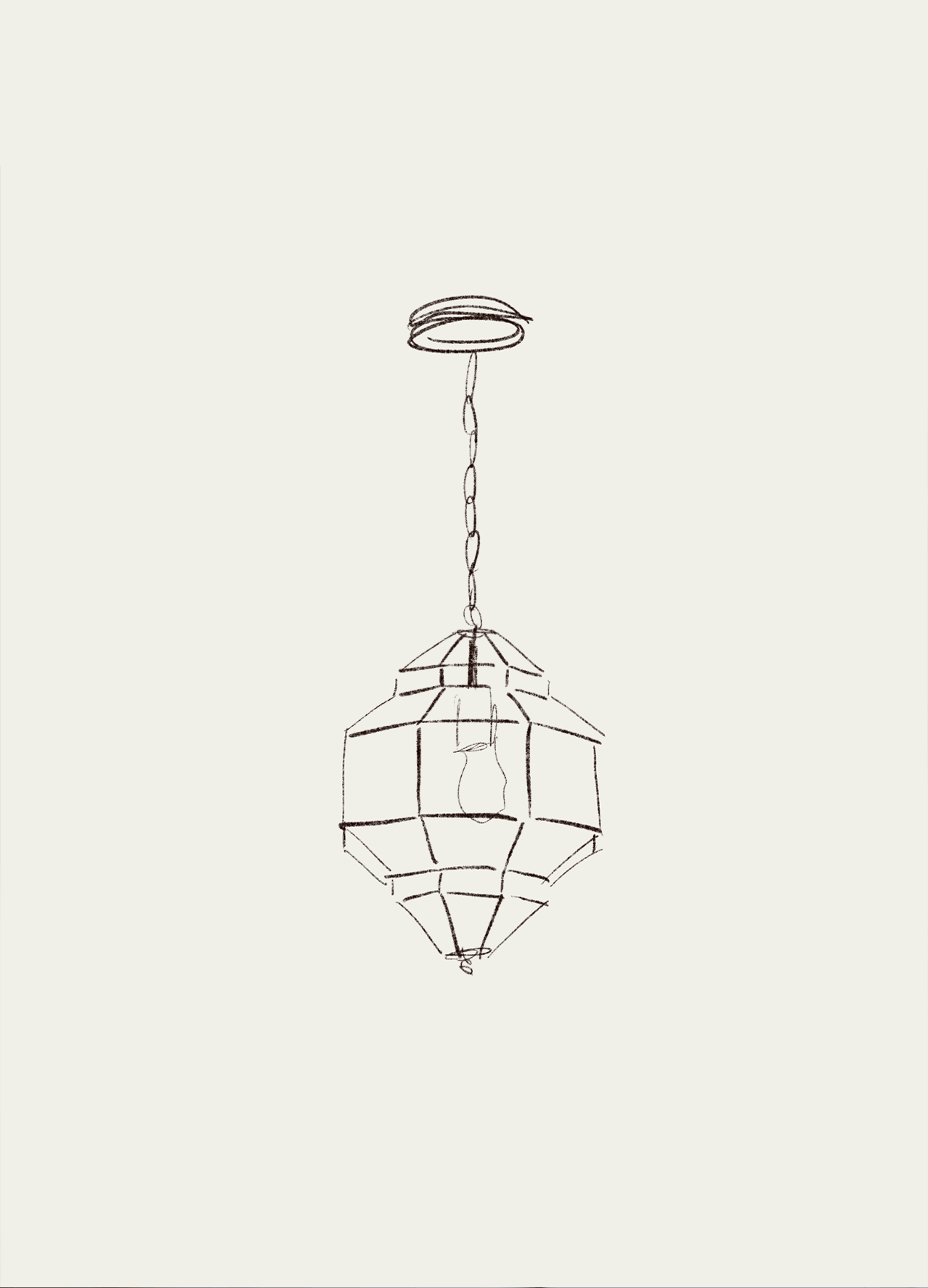 Geometric pendant light hanging from a circular ceiling mount, featuring a simple line-drawn design.