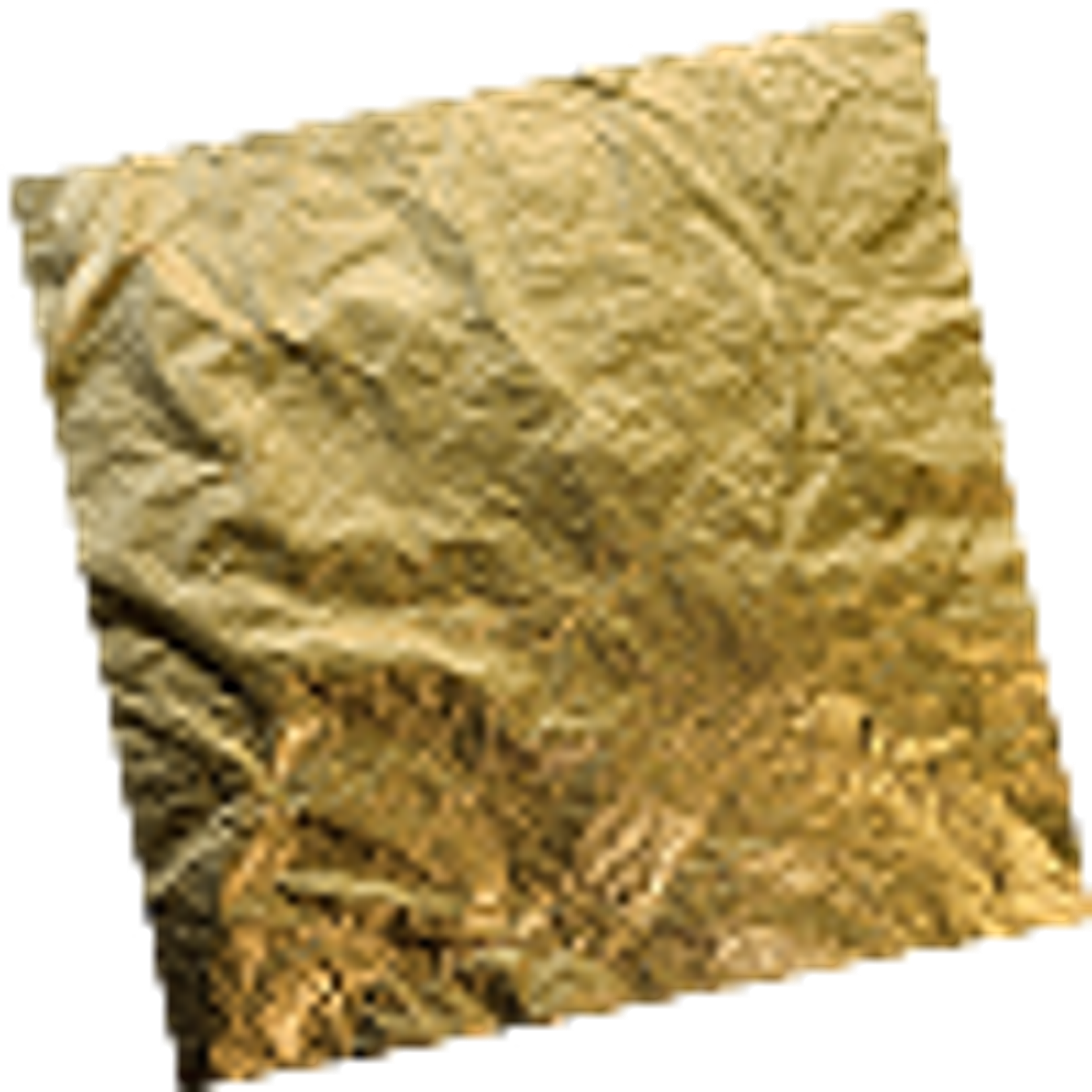 Shiny, crumpled square of gold foil with varying textures and light reflections.