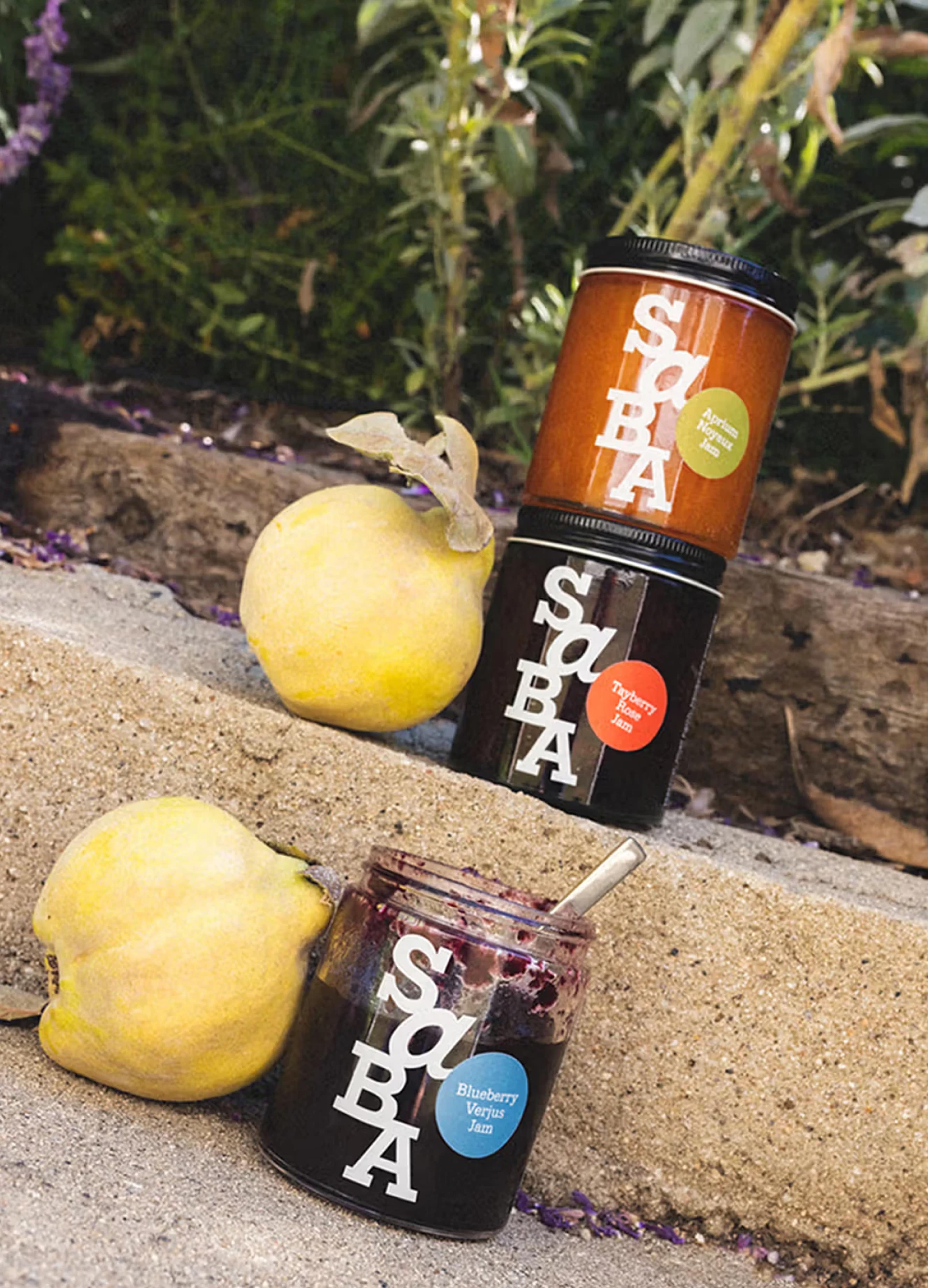 Three jars of jam labeled "SABA" in front of a yellow quince, with a spoon in the open blueberry jam jar.