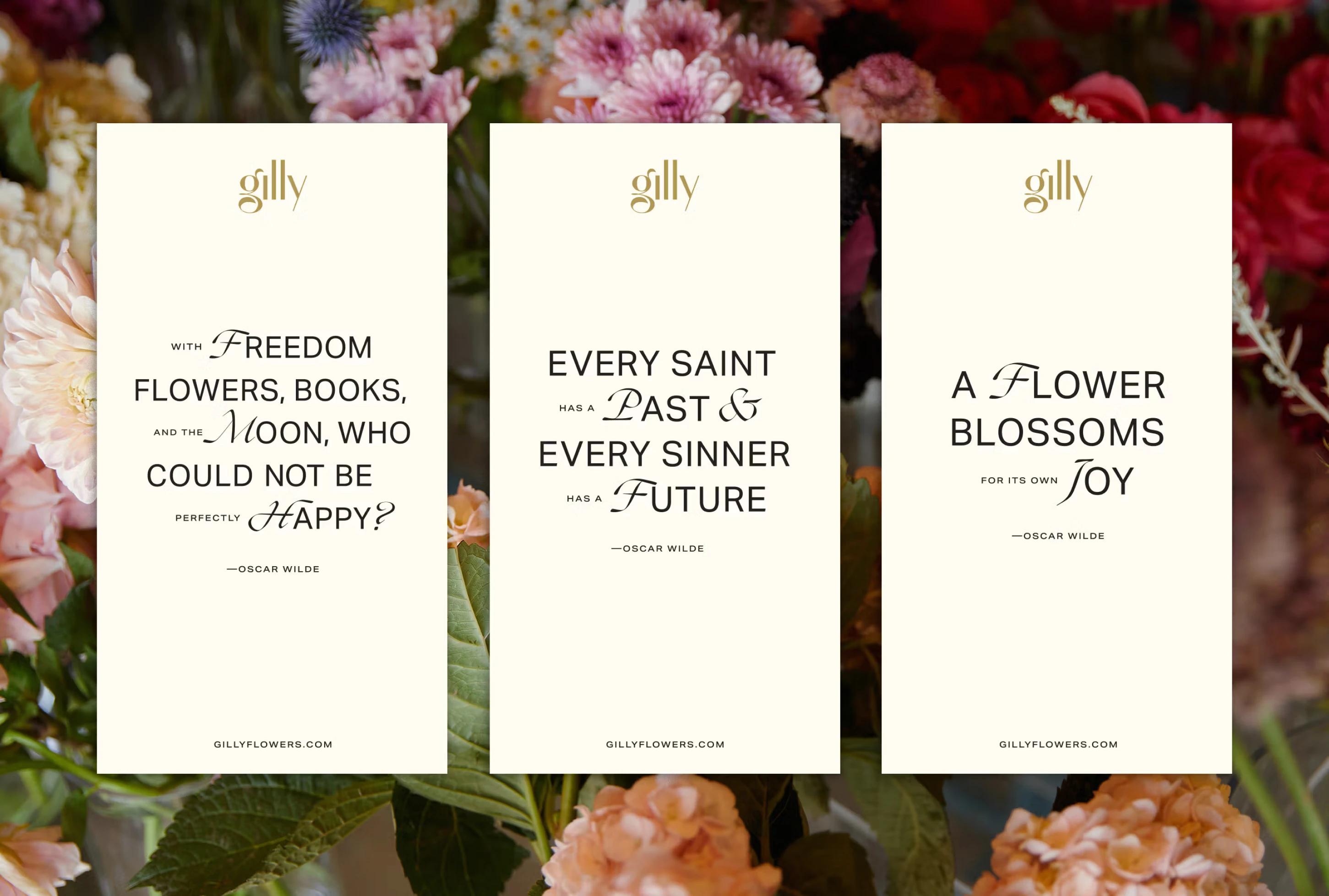 Three decorative cards featuring quotes by Oscar Wilde, surrounded by colorful flowers in the background.