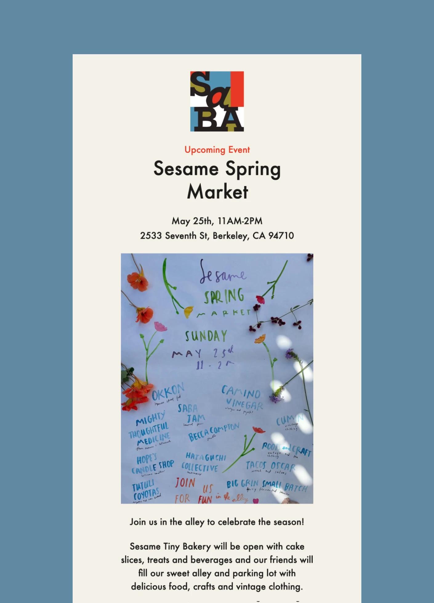 Colorful flyer for the Sesame Spring Market featuring event details, vendor names, and floral decorations.