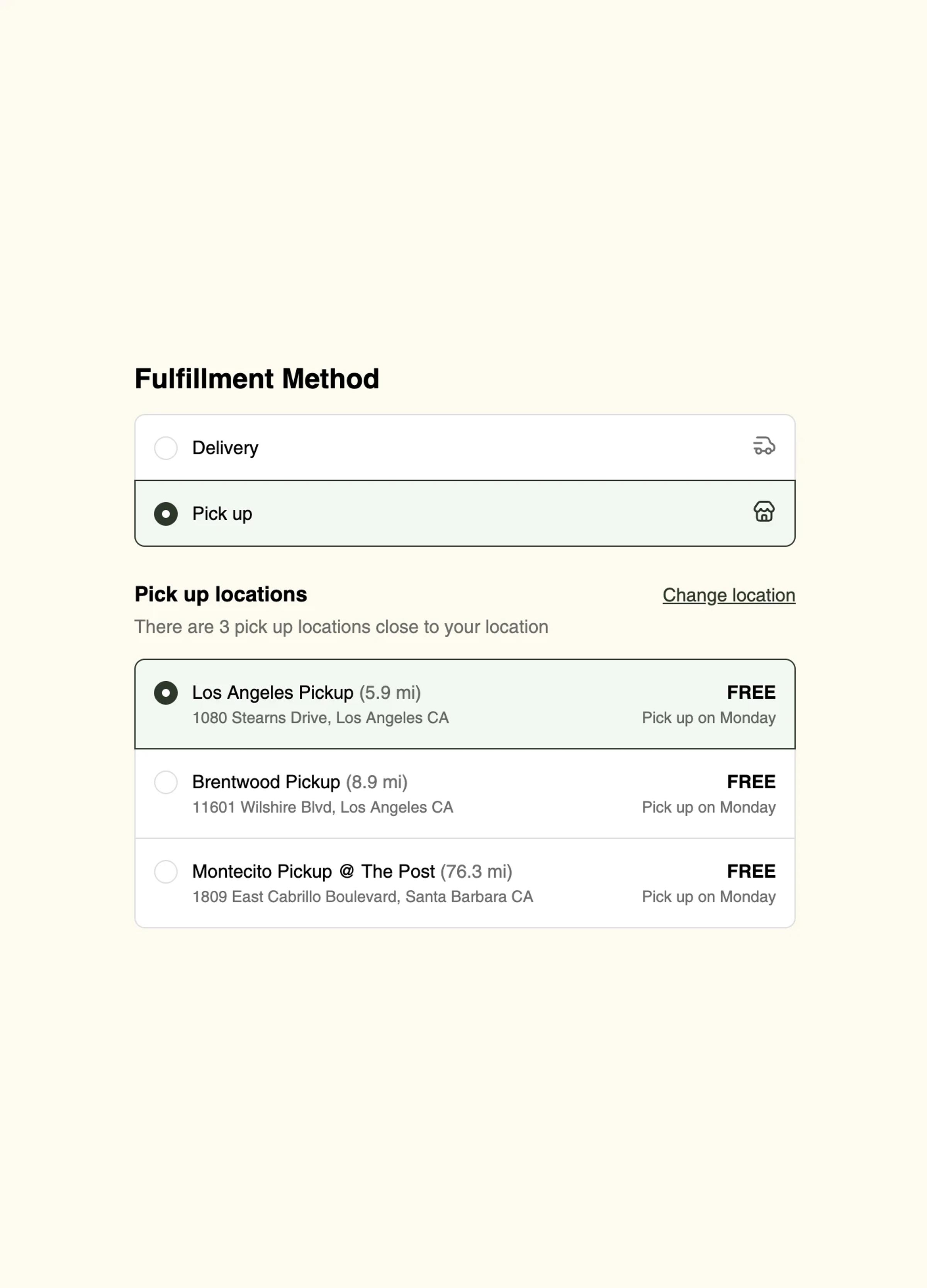 Fulfillment method options for delivery and pickup, with three pickup locations listed near Los Angeles.