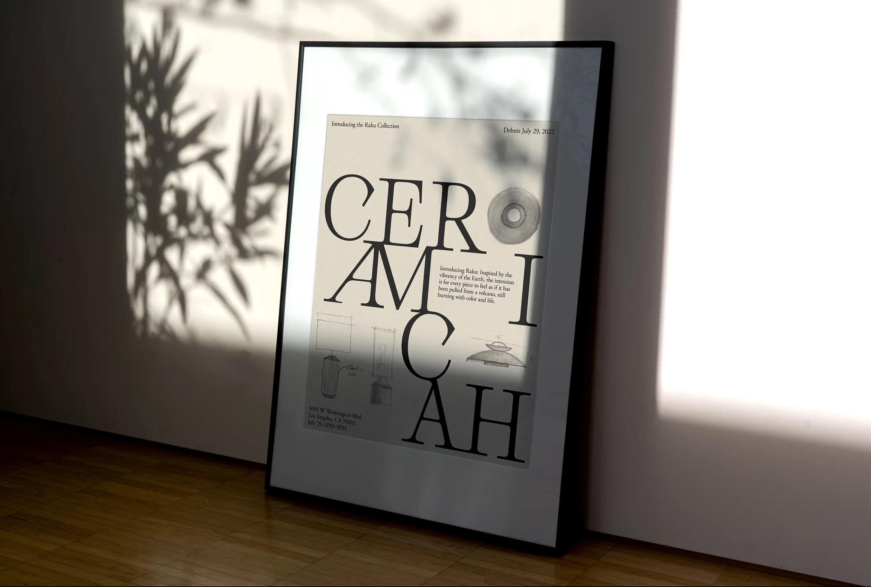 A framed poster titled "CERAMIC" with sketches and text, casting a shadow on a wall in a bright room.