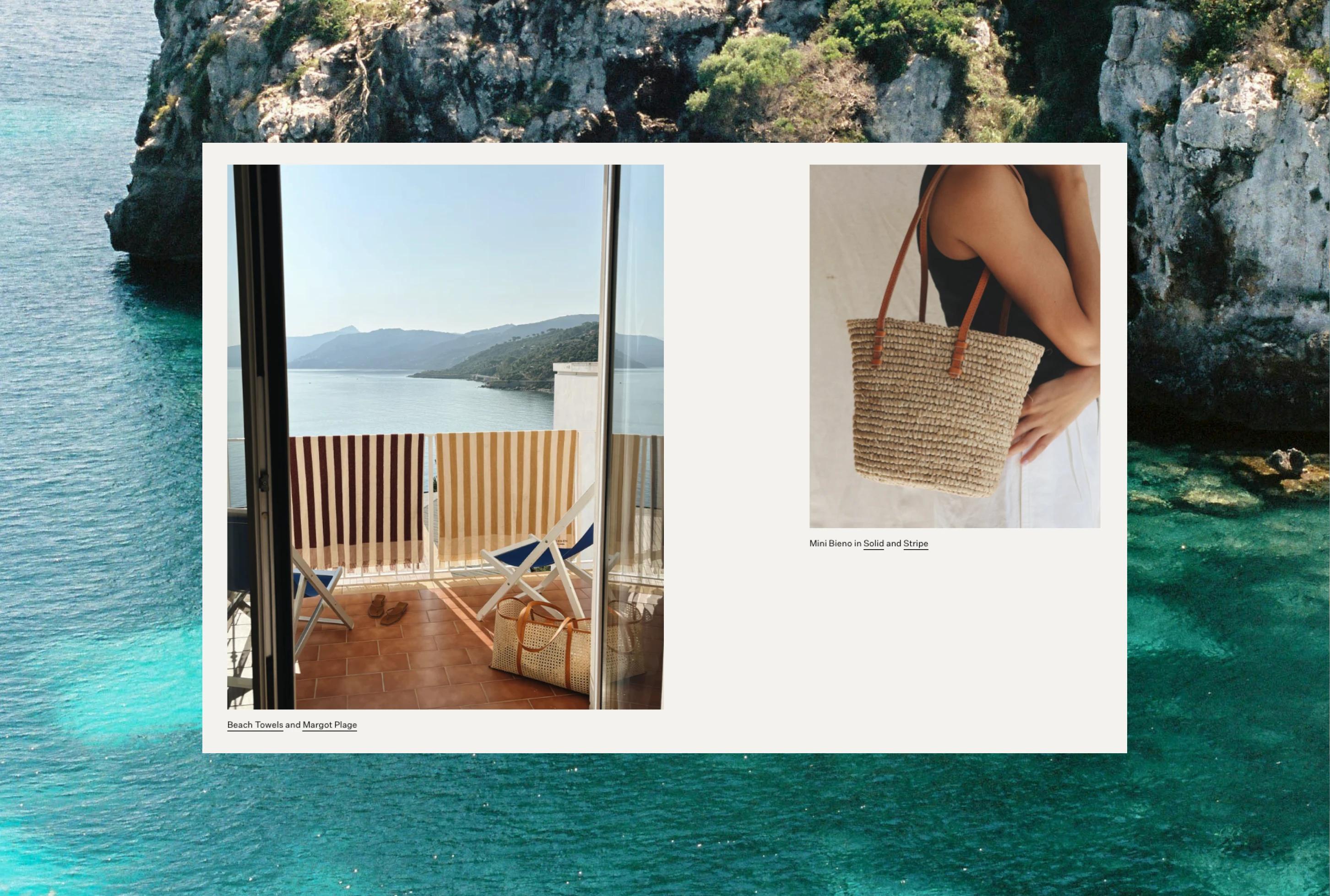 A serene balcony view overlooking a calm sea, with beach towels hanging and a straw tote bag displayed nearby.