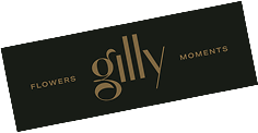 Elegant logo featuring the text "gilly" in gold, flanked by the words "flowers" and "moments" on a dark background.