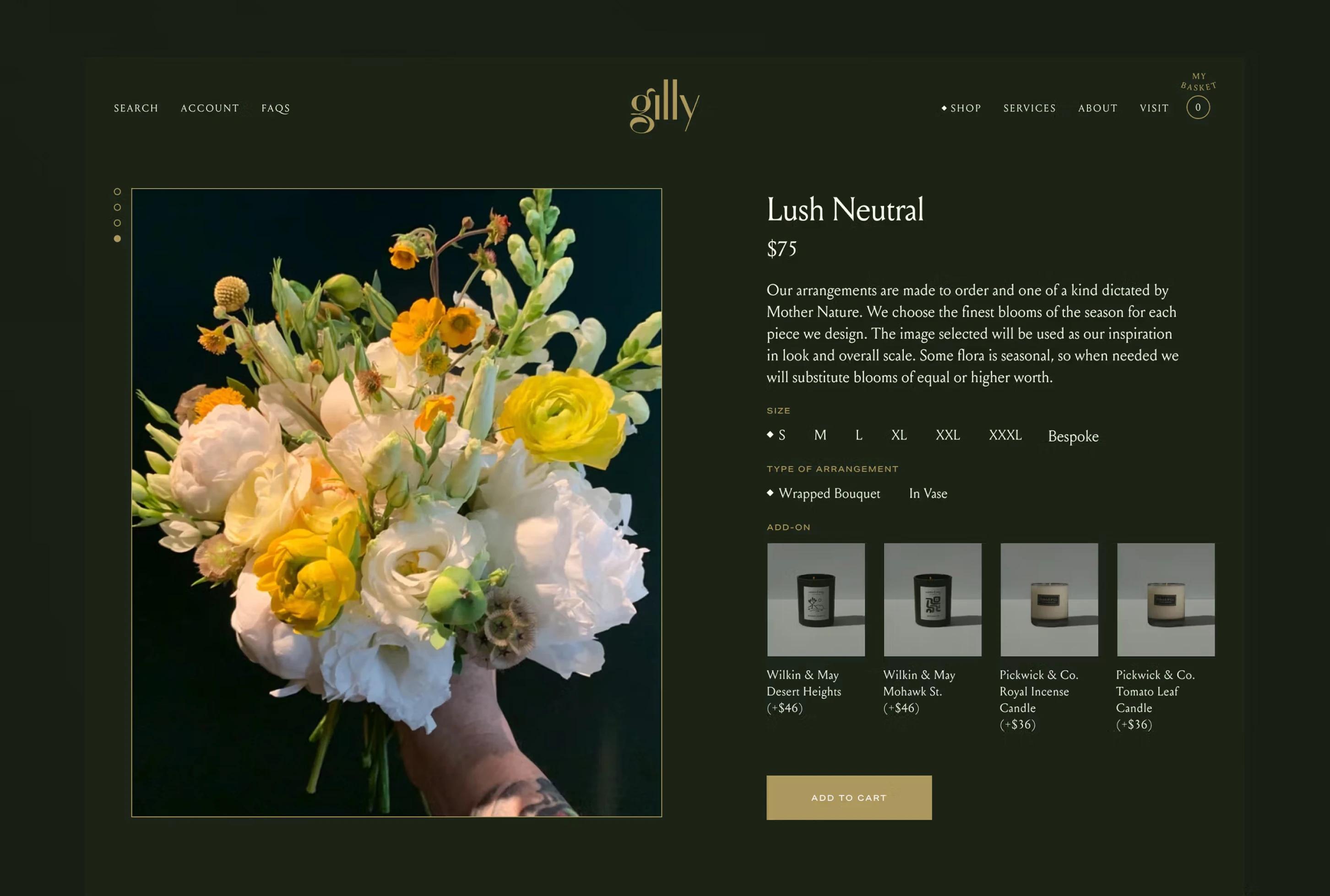 A hand holds a lush bouquet of white and yellow flowers against a dark background, with product details alongside.