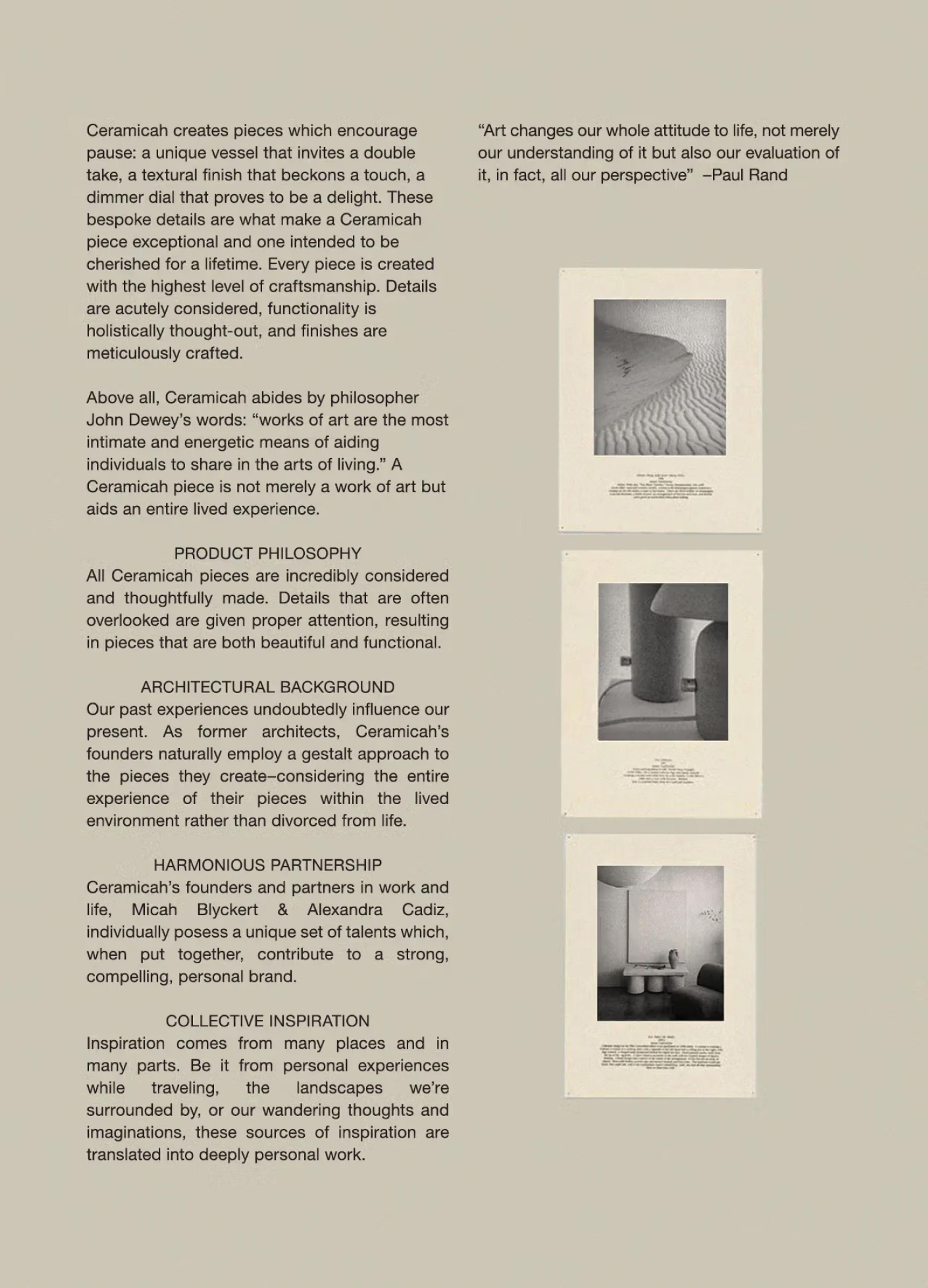 Text on a textured background discussing Ceramich's philosophy on art, craftsmanship, and design, with several images disp...