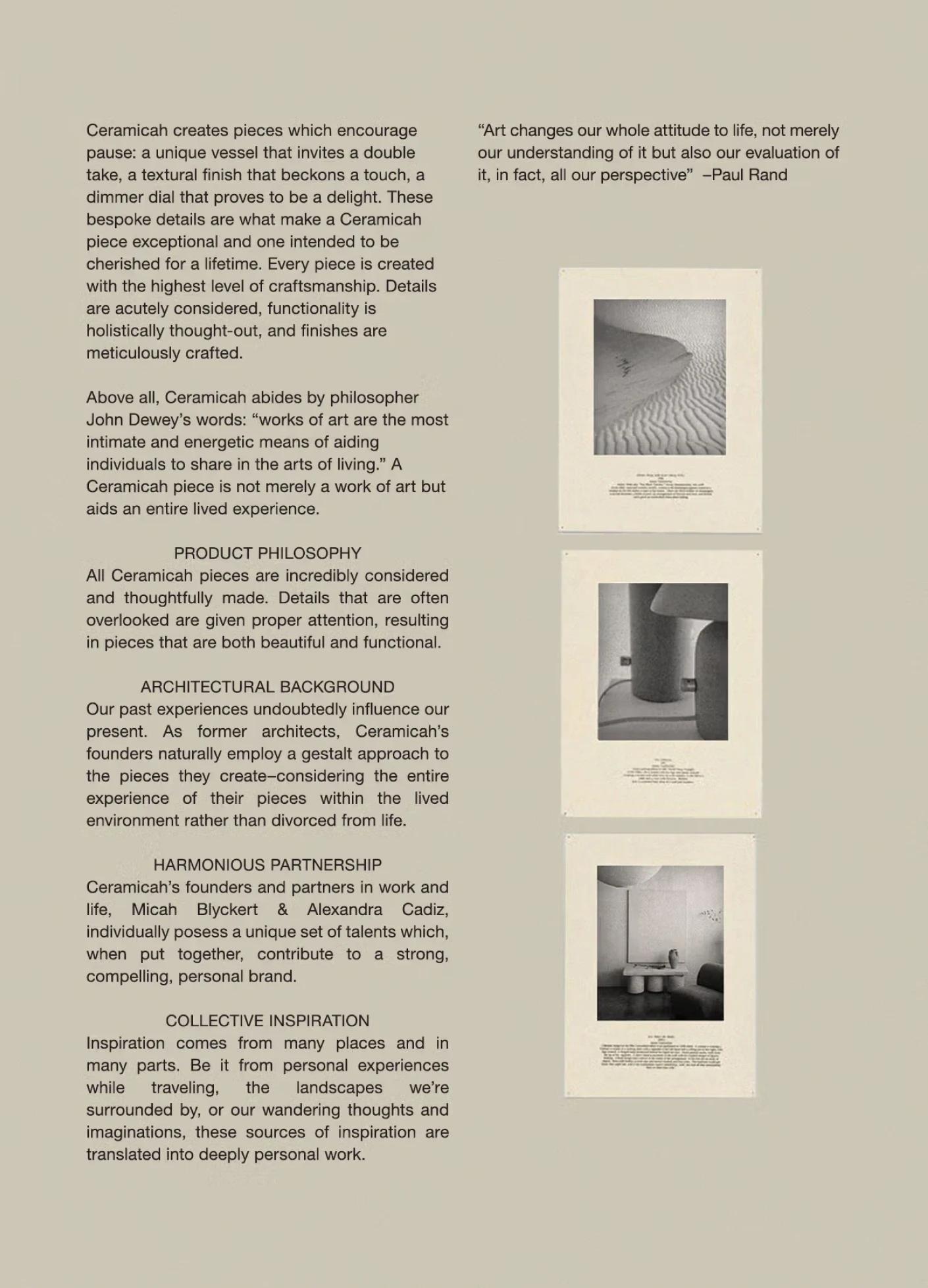 Text on a textured background discussing Ceramich's philosophy on art, craftsmanship, and design, with several images disp...