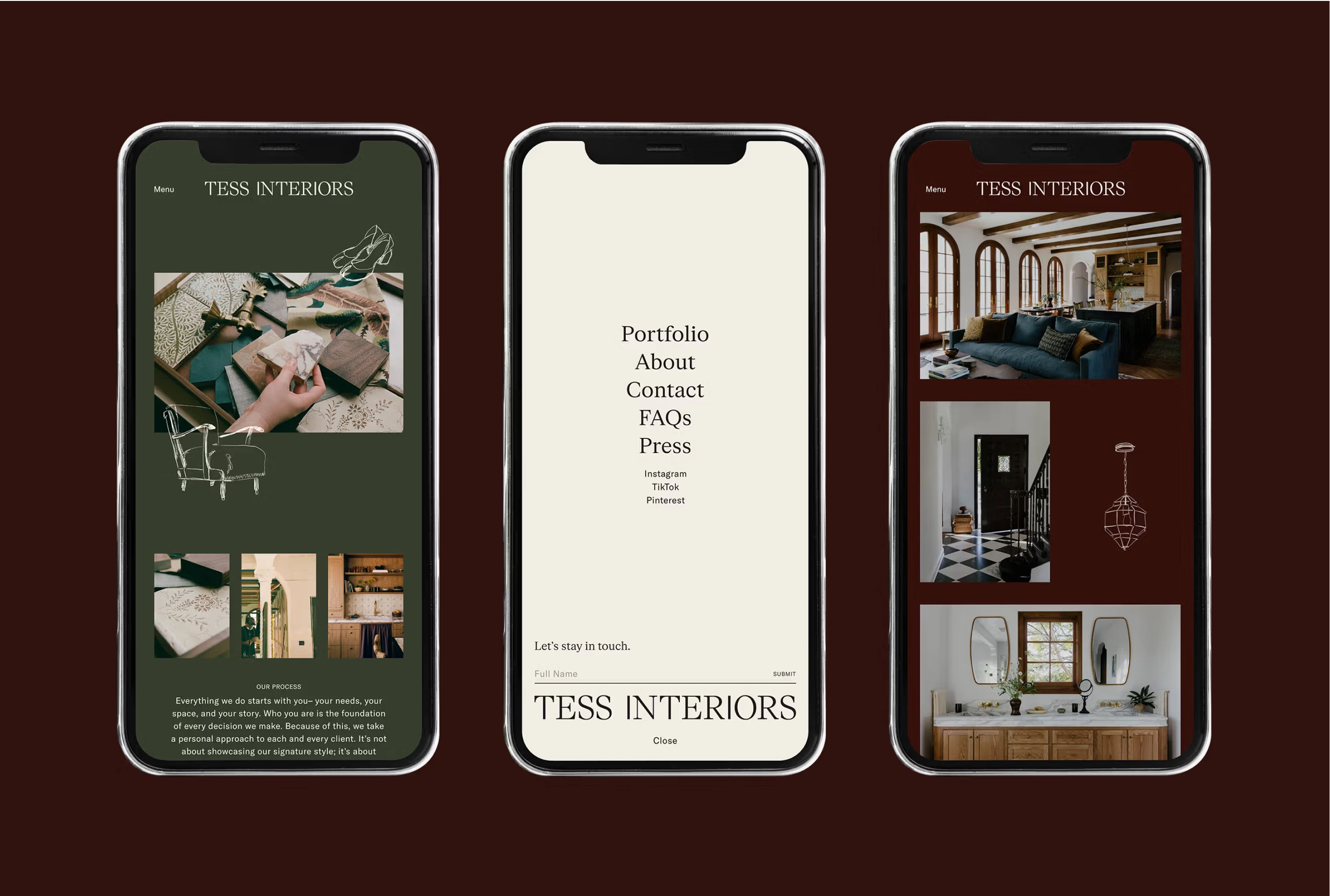 Three smartphone screens displaying a stylish interior design website, featuring a portfolio, contact info, and various im...