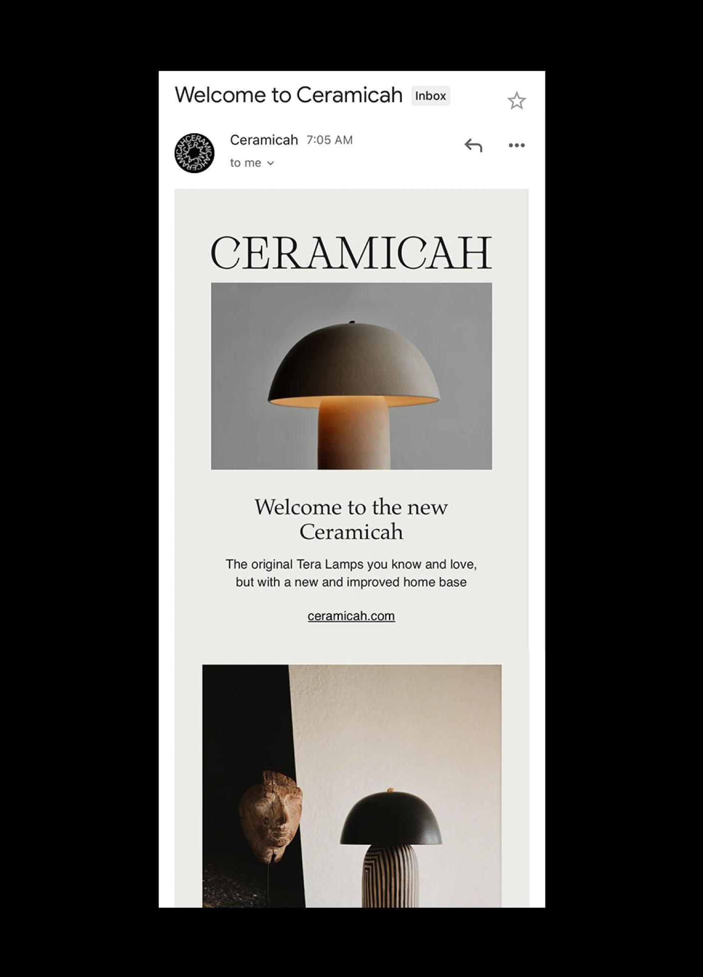 Welcome email for Ceramicah, featuring a Tera Lamp and a decorative figure on a neutral background.