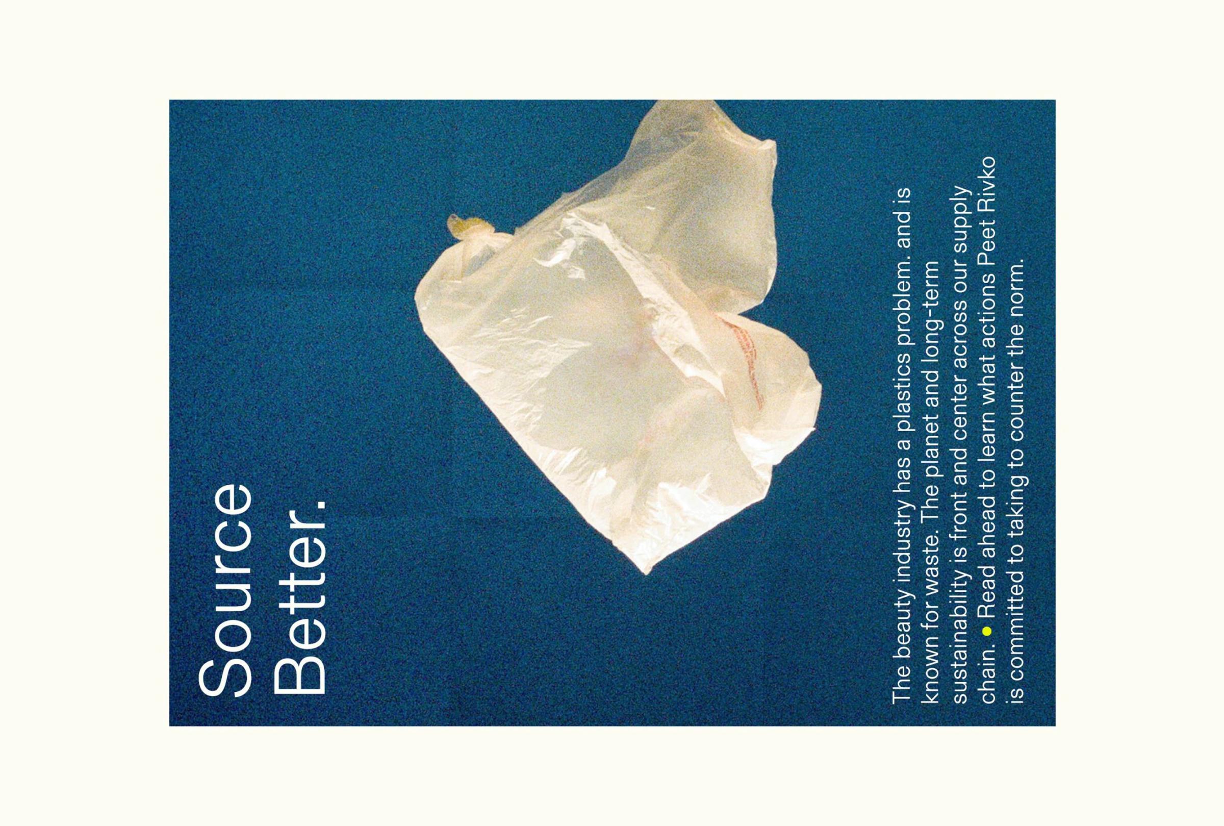 A wrinkled plastic bag against a blue background, with text discussing sustainability in the beauty industry.