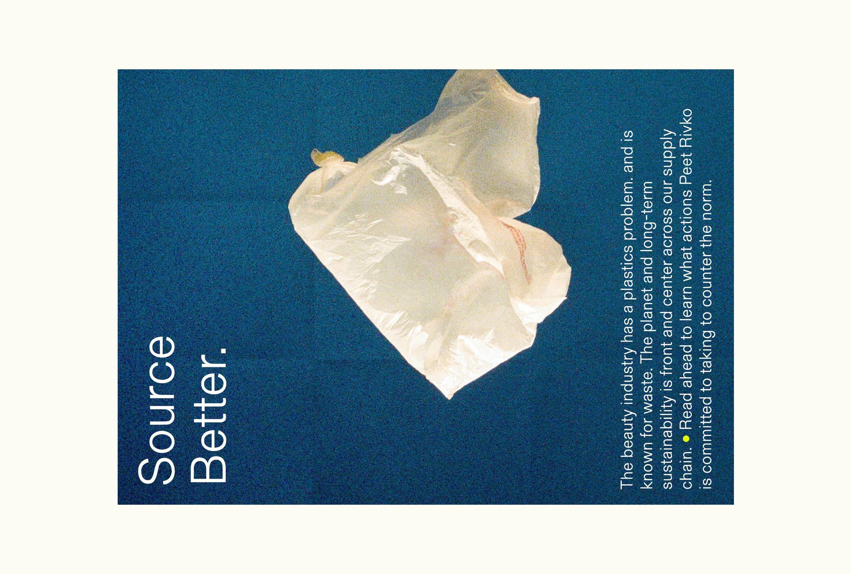A wrinkled plastic bag against a blue background, with text discussing sustainability in the beauty industry.
