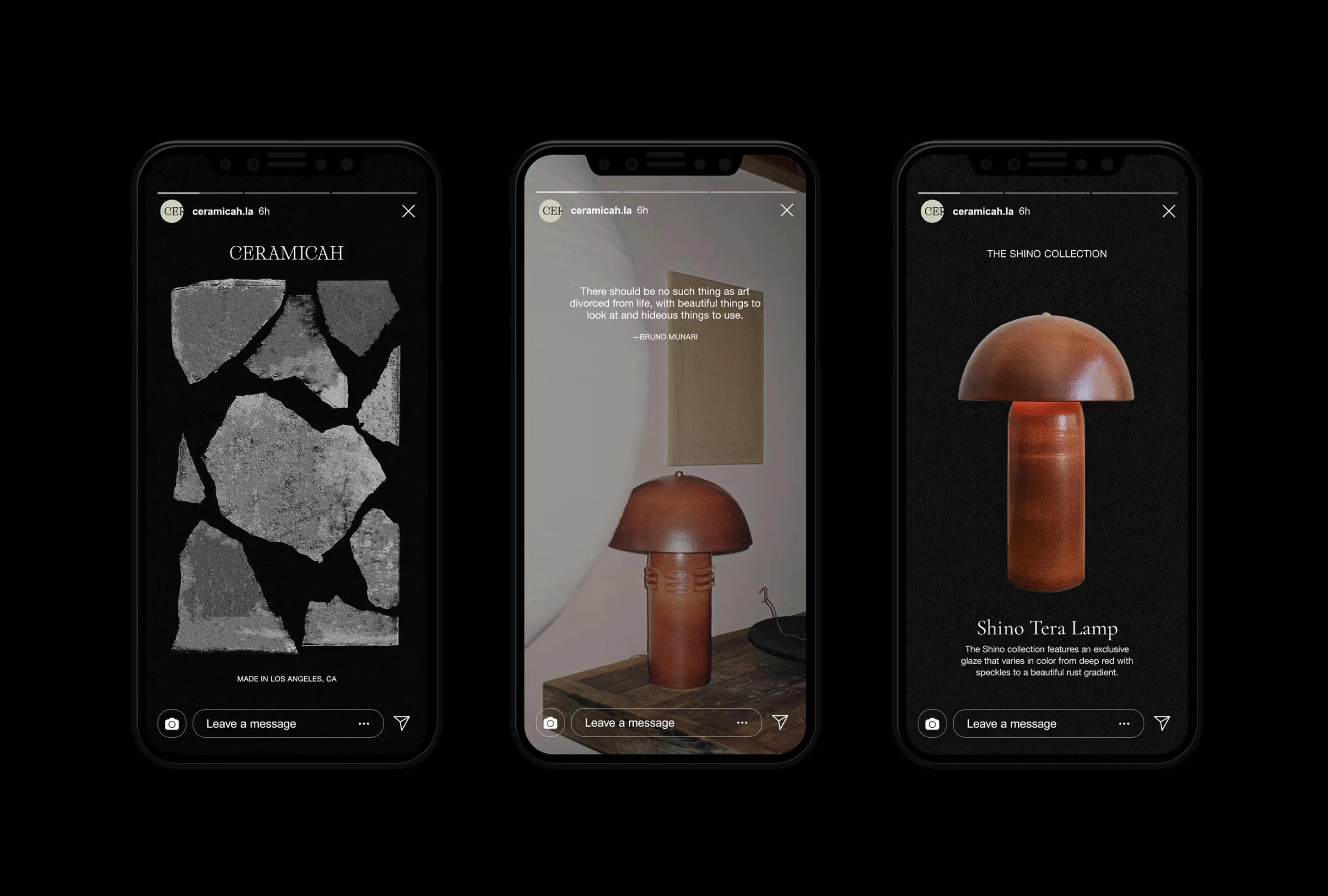 Three mobile screens showcase a ceramic lamp, artistic quote, and a textured stone pattern, all themed around design.
