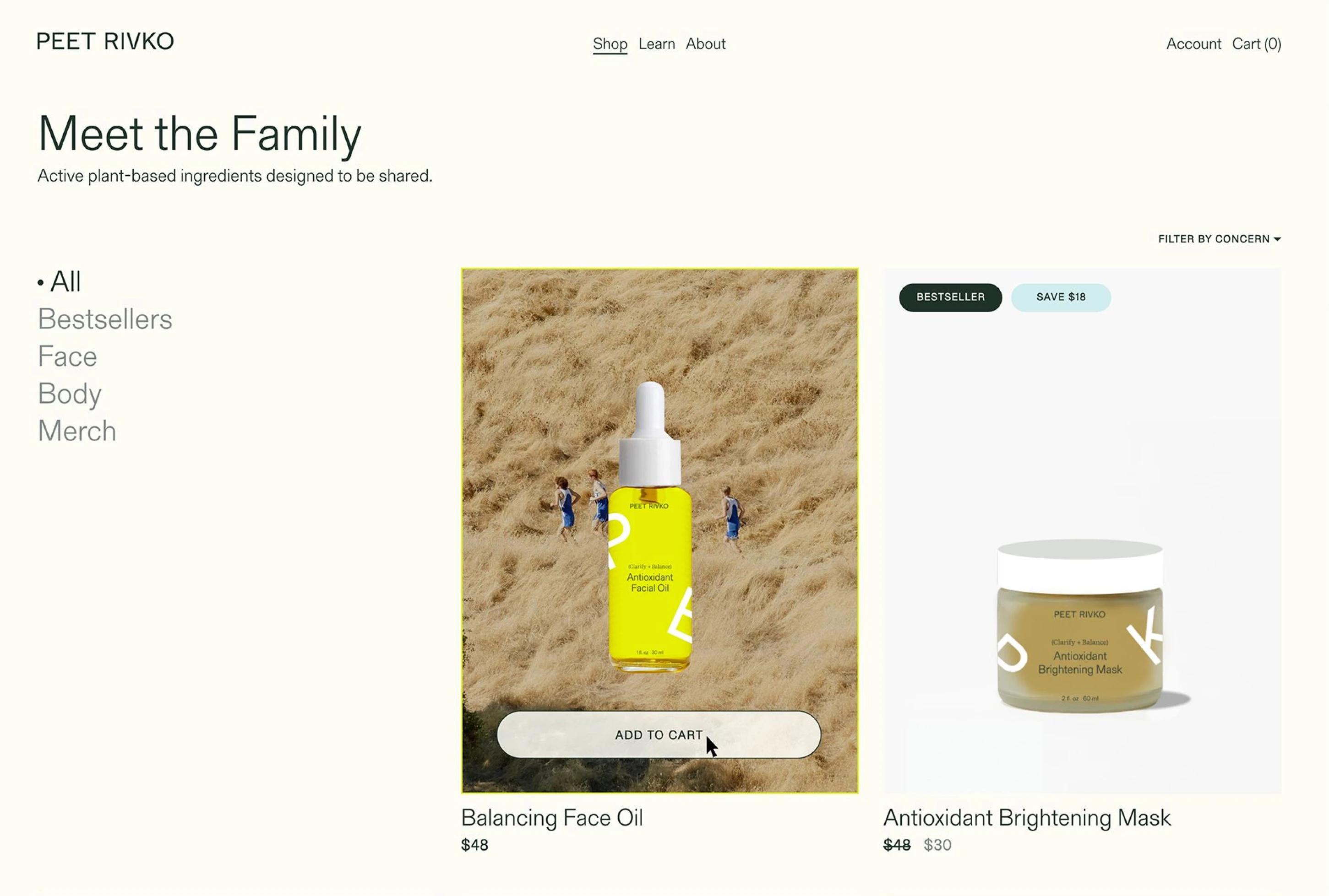Brightly colored skincare products on a minimalist webpage, featuring a face oil and a brightening mask with pricing details.