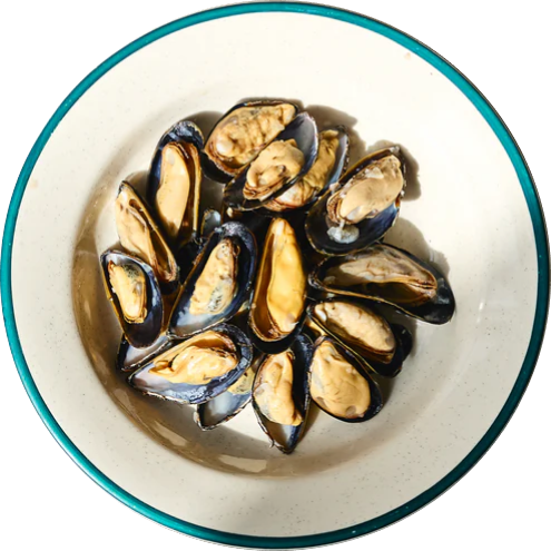 A white bowl contains a circular arrangement of open mussels with golden flesh.