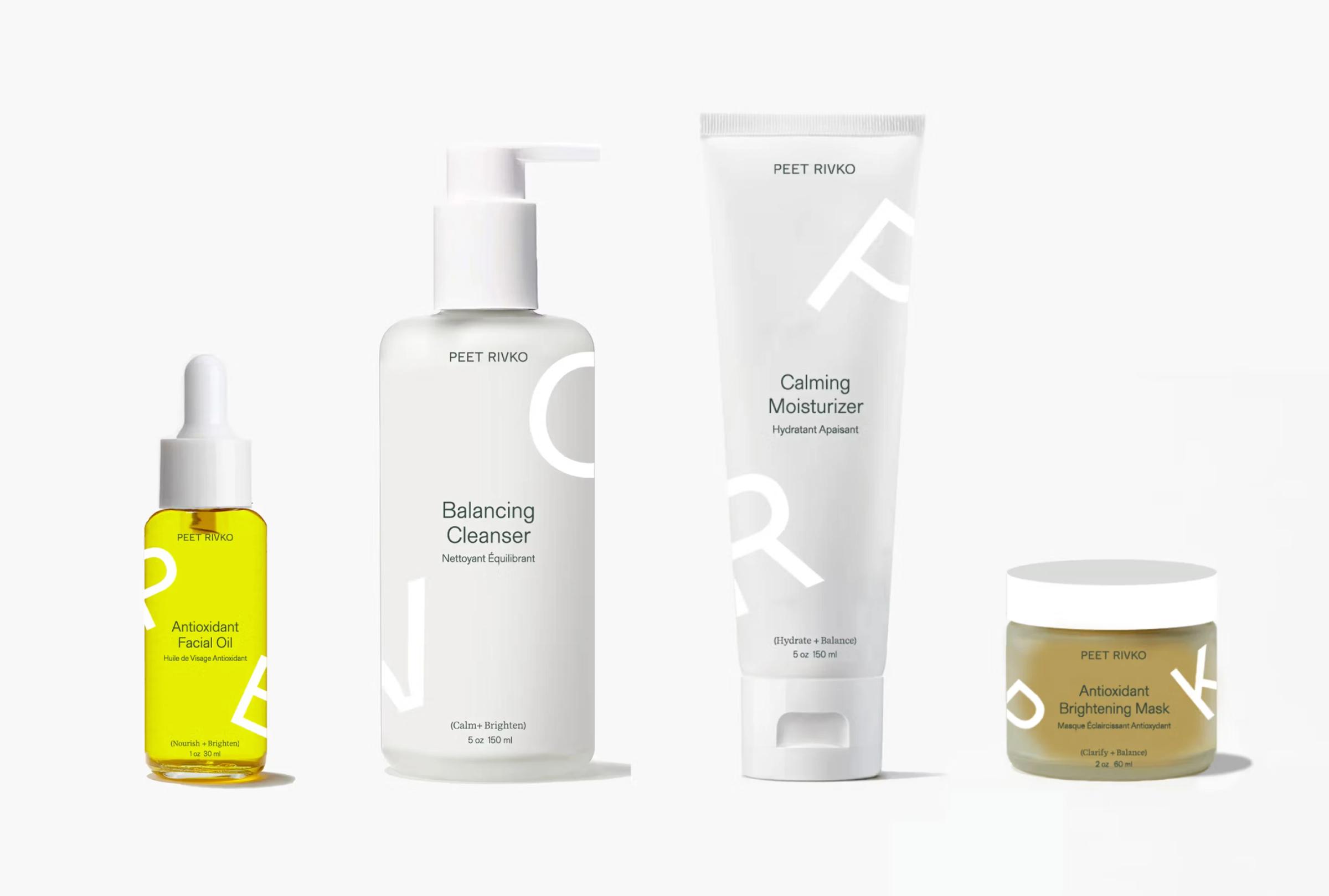 Four skincare products from Peet Rivko: facial oil, balancing cleanser, calming moisturizer, and brightening mask.
