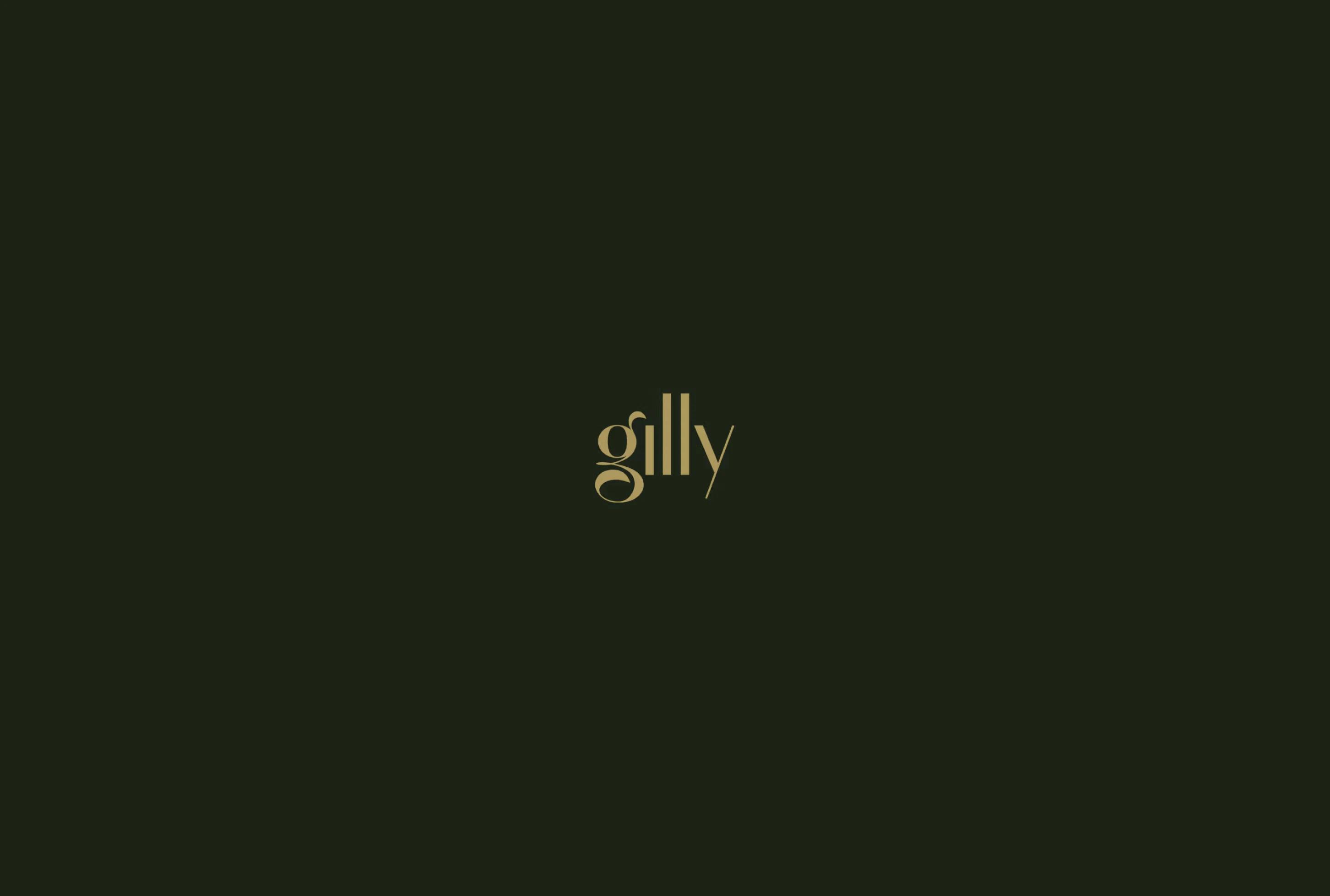 Elegant gold text spelling "gilly" centered on a dark green background.