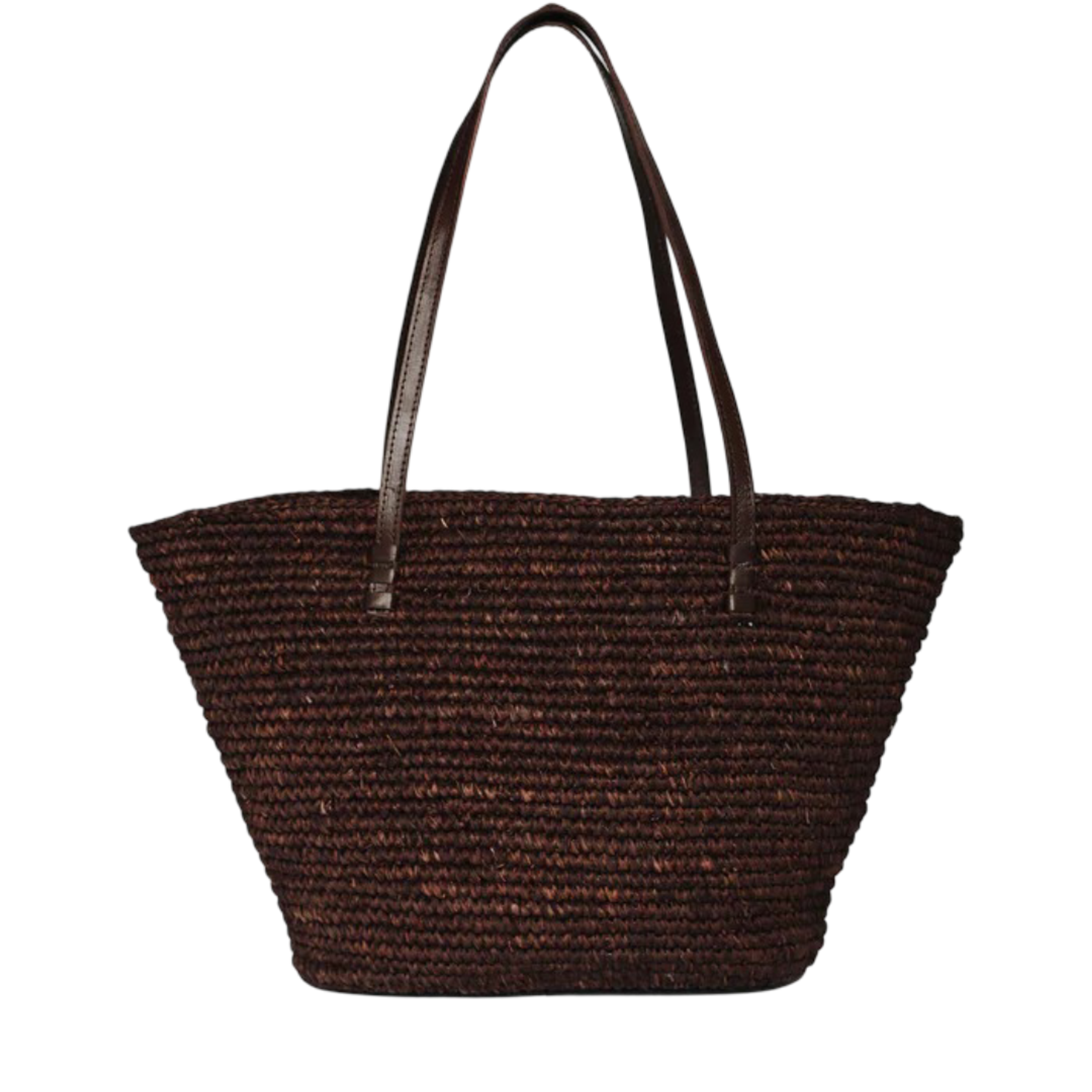 A large, woven brown tote bag with leather handles, featuring a wide, open design and a textured surface.