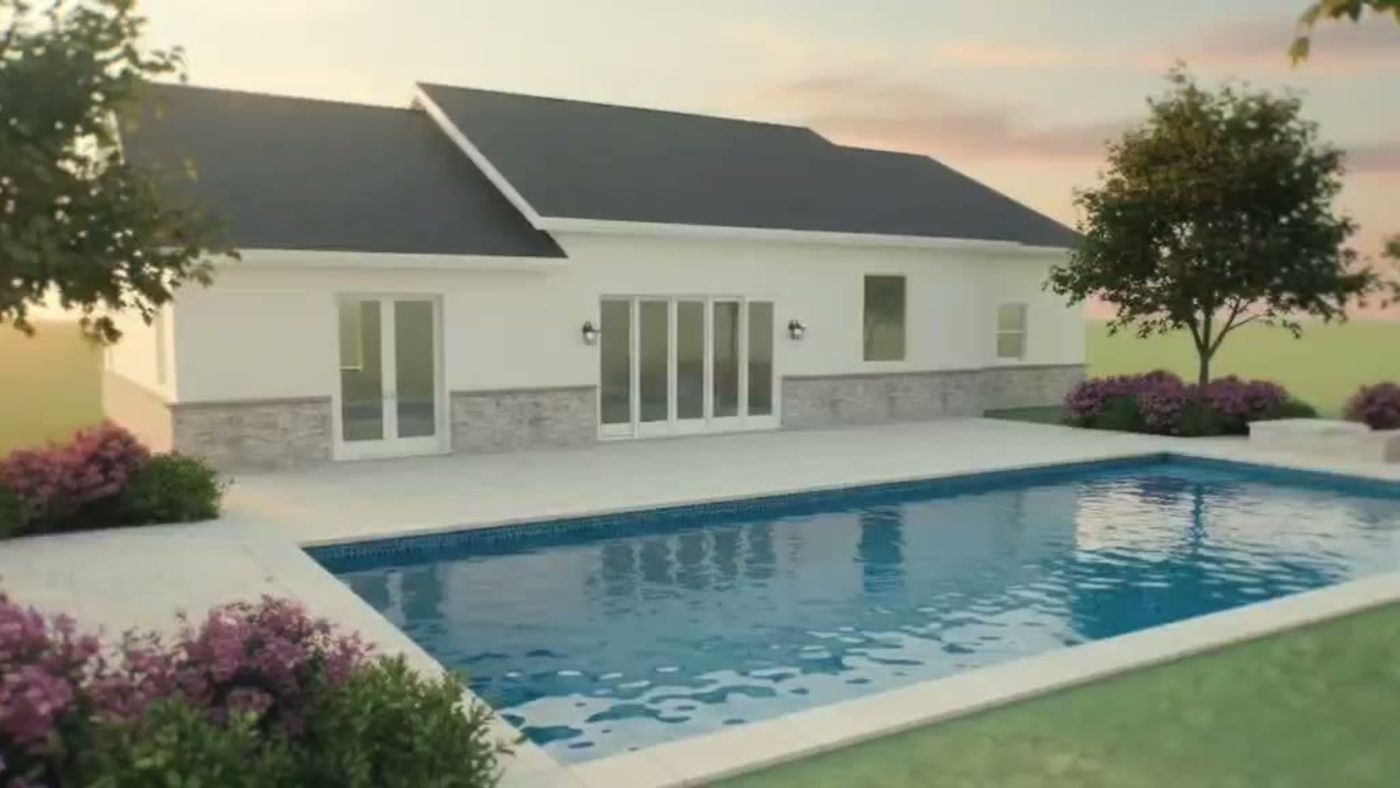 Exterior rendering of a single-family home with a rear patio and pool
