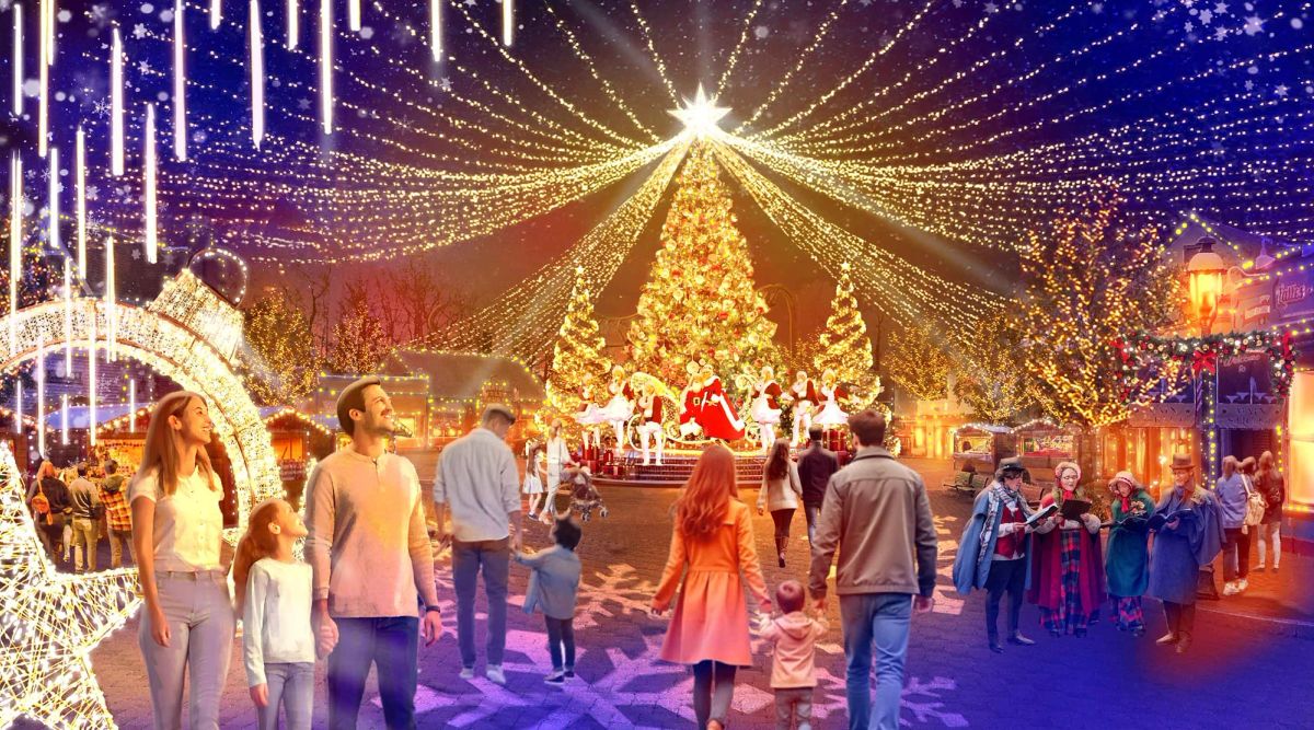 Holiday lights, Christmas trees, and performers in Six Flags Holiday in the Park artwork