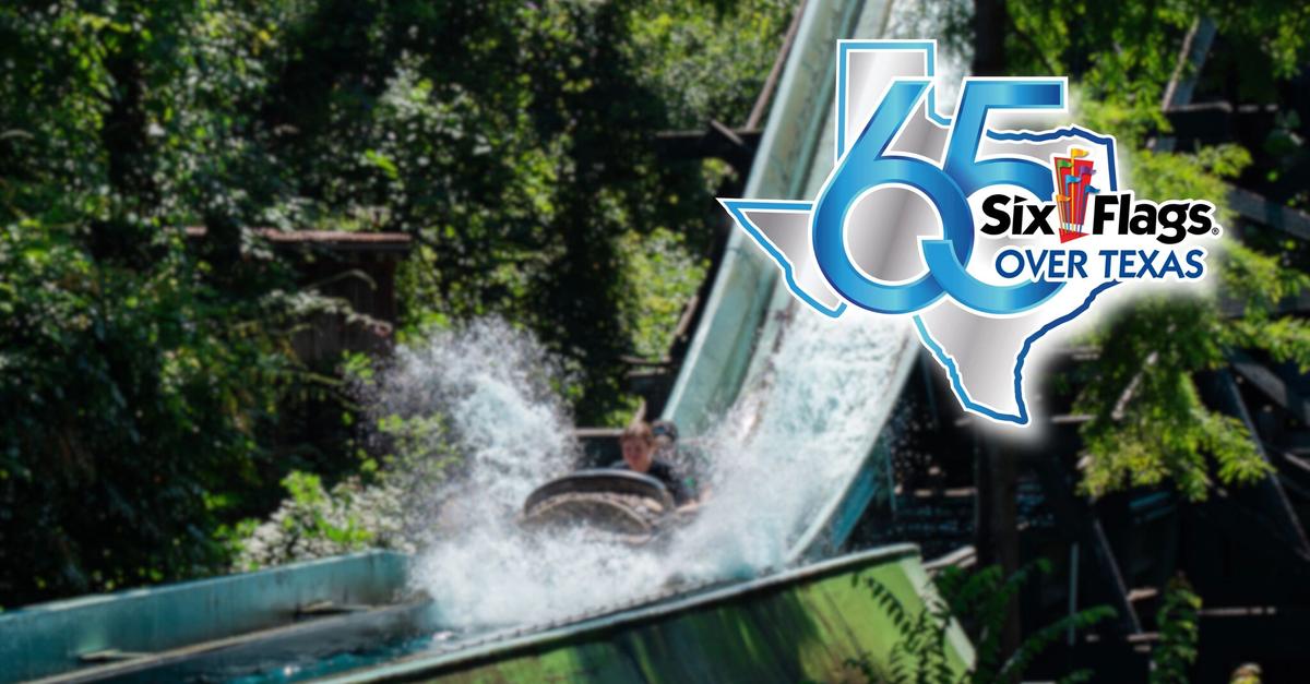 Six Flags Over Texas 65th anniversary logo over a log flume splashdown