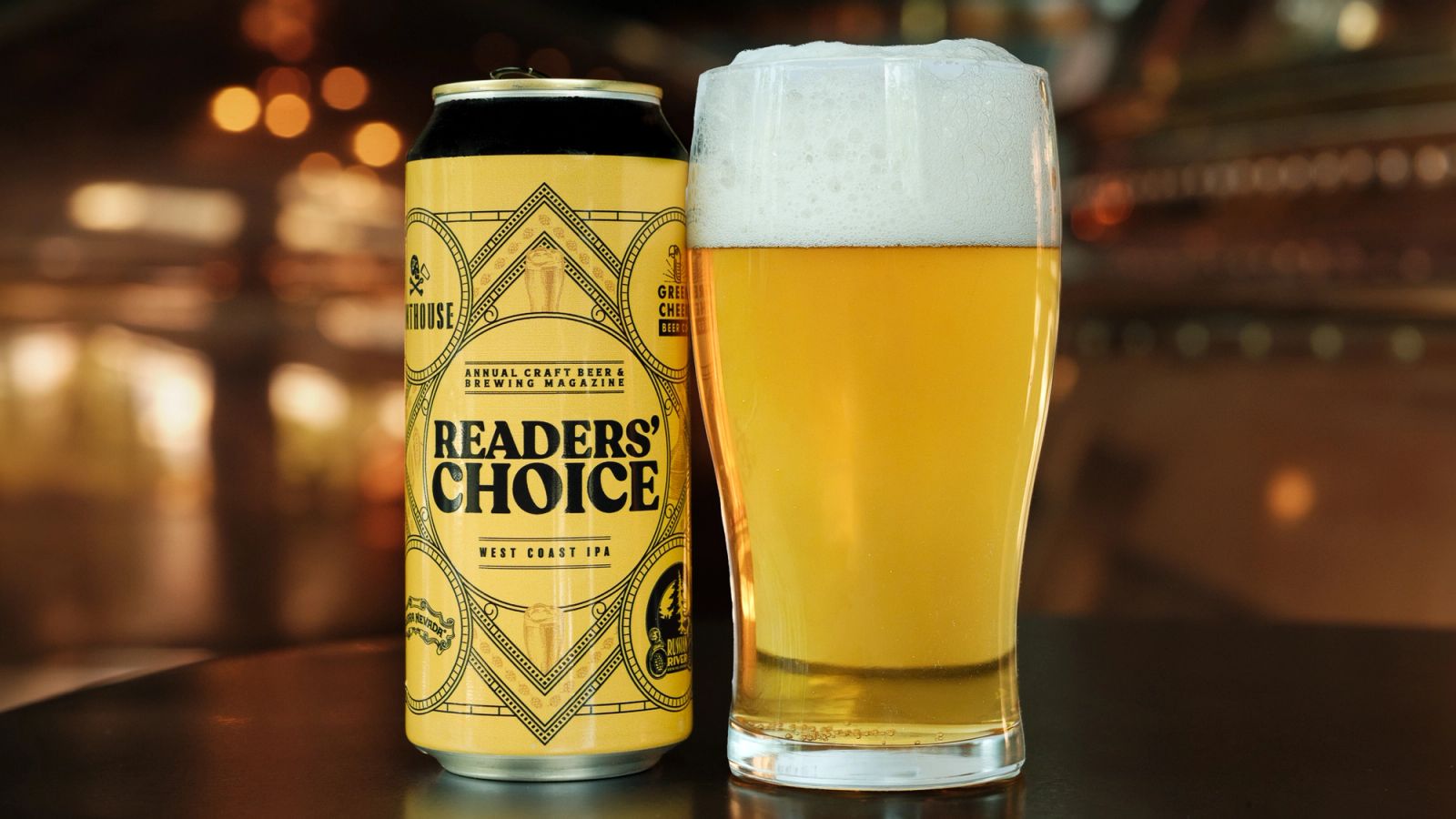 Sierra Nevada Readers' Choice beer can beside a freshly poured pint glass