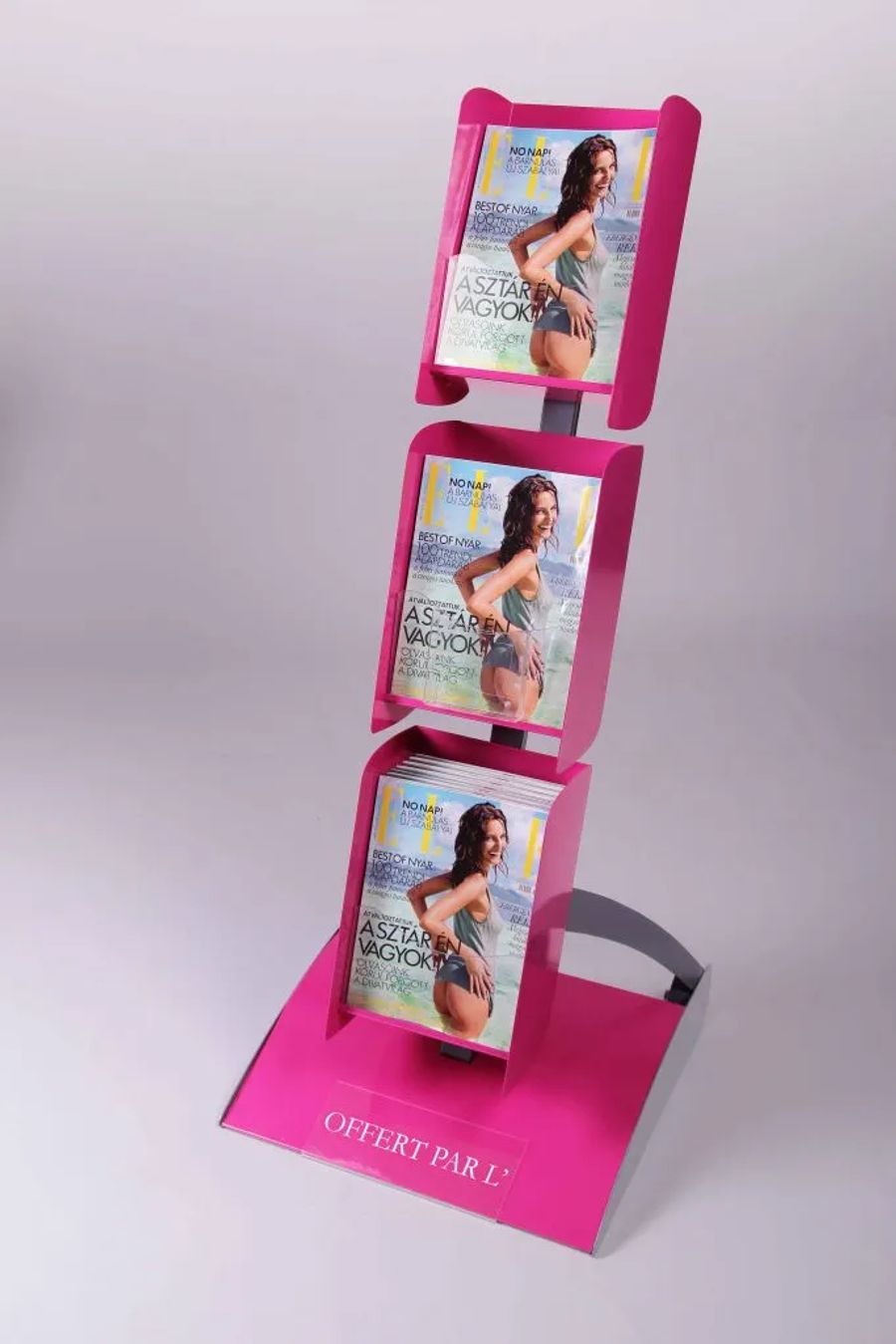 Pink three-tier magazine floor stand